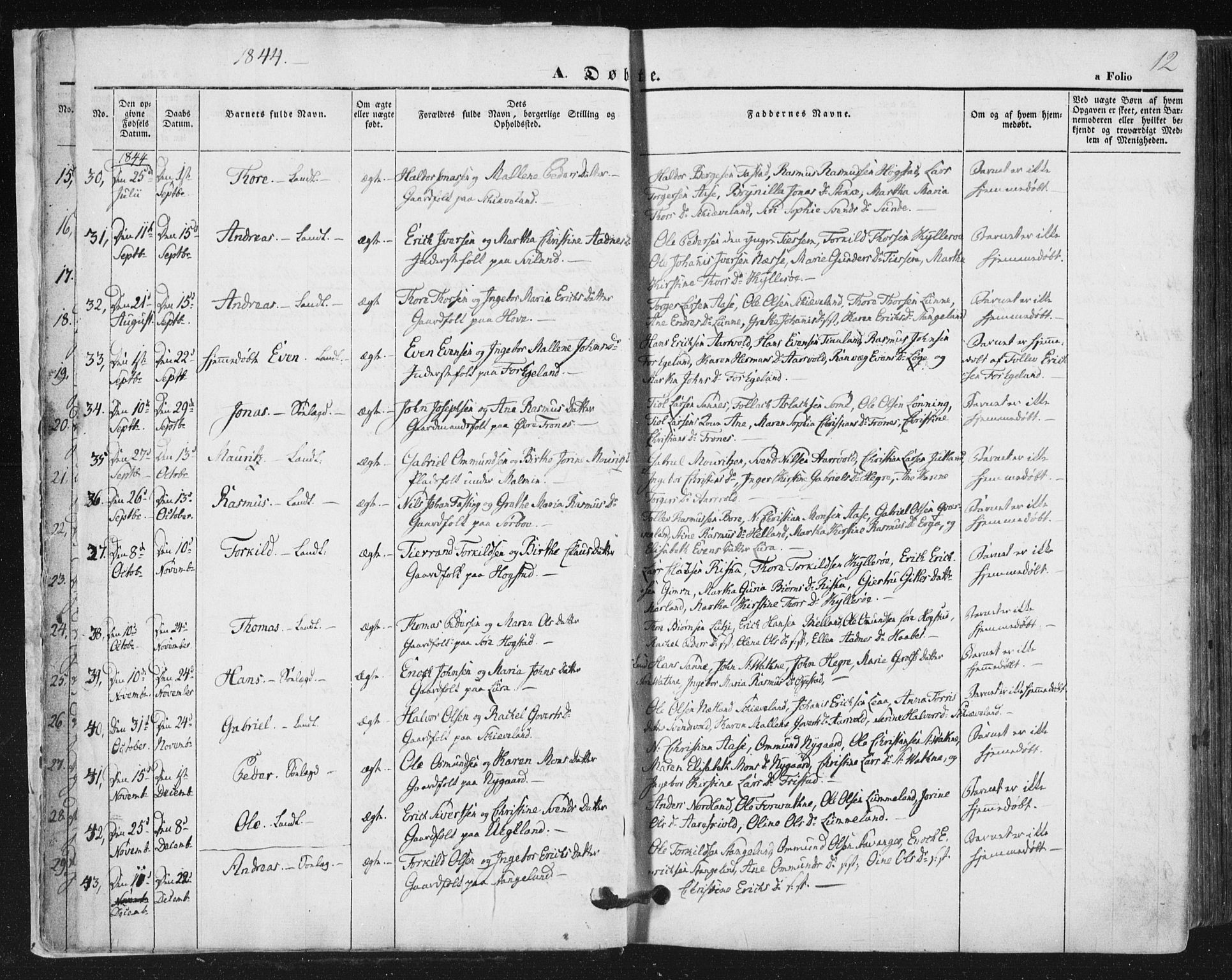 Høyland sokneprestkontor, AV/SAST-A-101799/001/30BA/L0008: Parish register (official) no. A 8, 1841-1856, p. 12