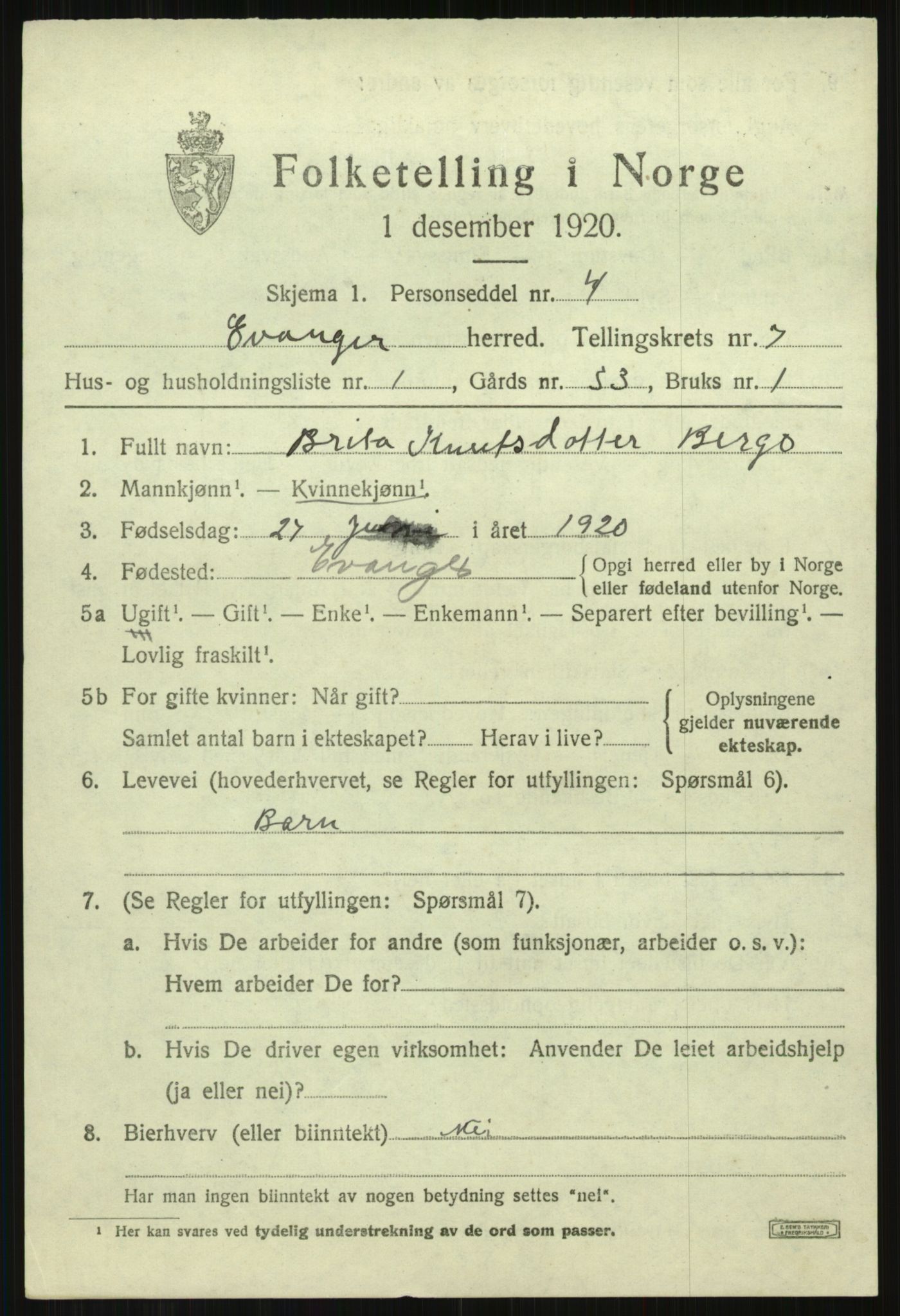 SAB, 1920 census for Evanger, 1920, p. 2325