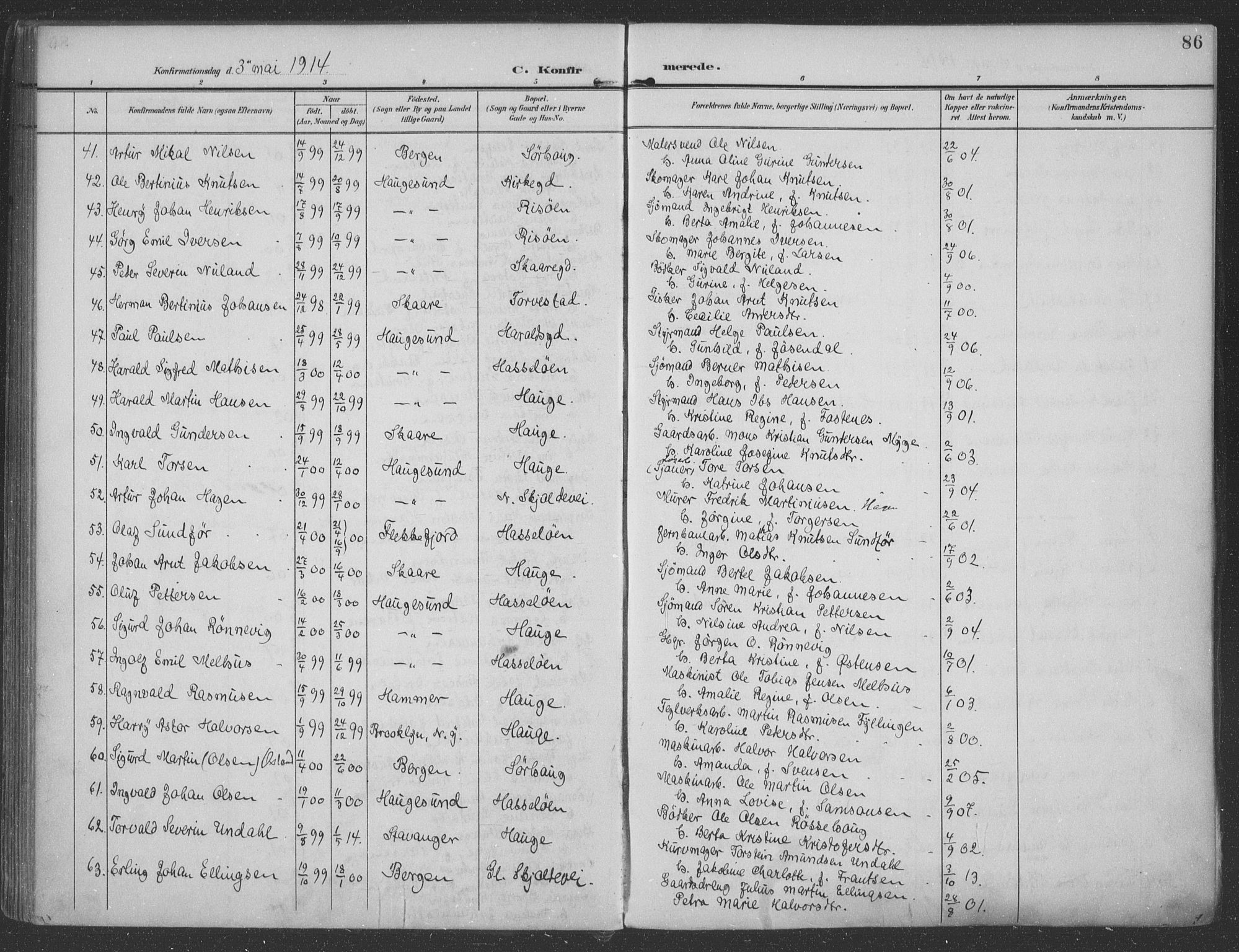 Haugesund sokneprestkontor, AV/SAST-A -101863/H/Ha/Haa/L0007: Parish register (official) no. A 7, 1904-1916, p. 86