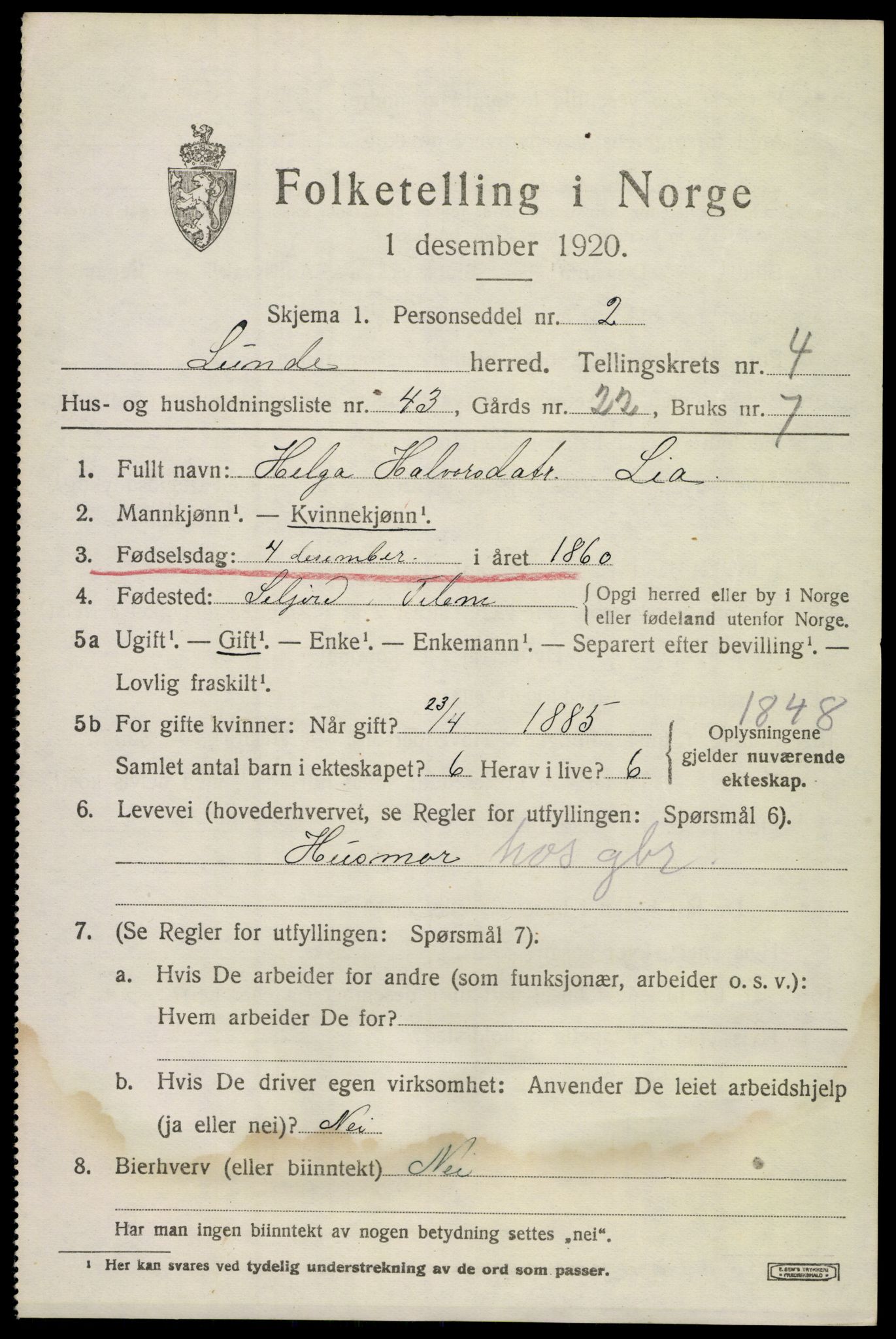 SAKO, 1920 census for Lunde, 1920, p. 3389