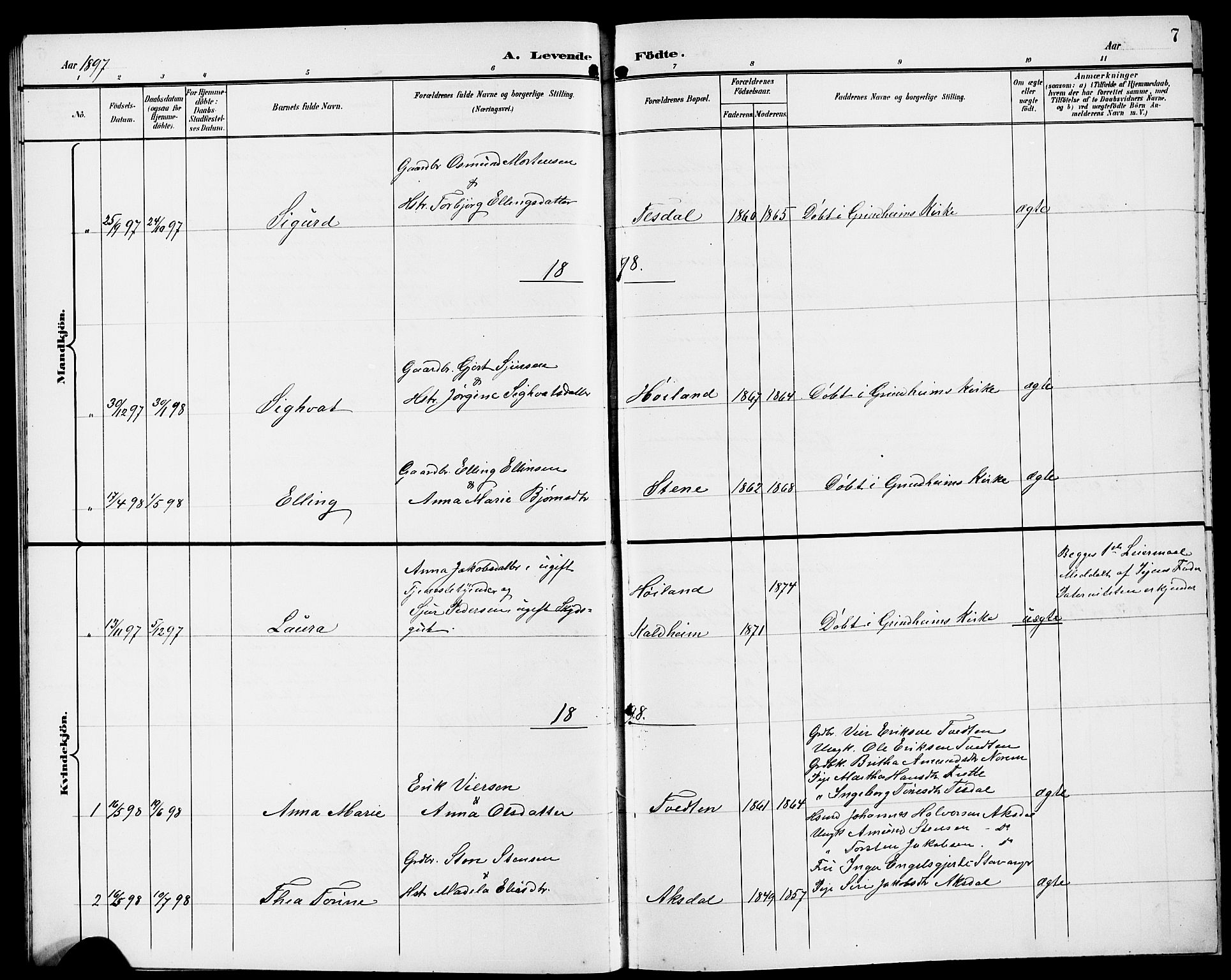 Etne sokneprestembete, SAB/A-75001/H/Hab: Parish register (copy) no. A 6, 1897-1924, p. 7