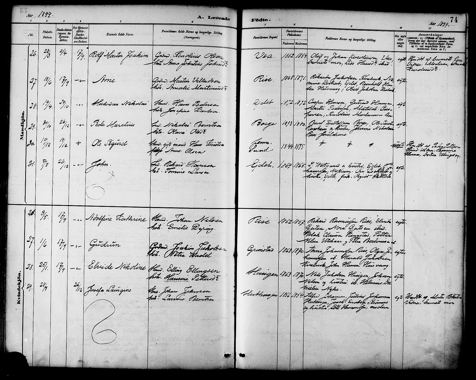 Ministerialprotokoller, klokkerbøker og fødselsregistre - Nordland, SAT/A-1459/892/L1320: Parish register (official) no. 892A01, 1886-1901, p. 74