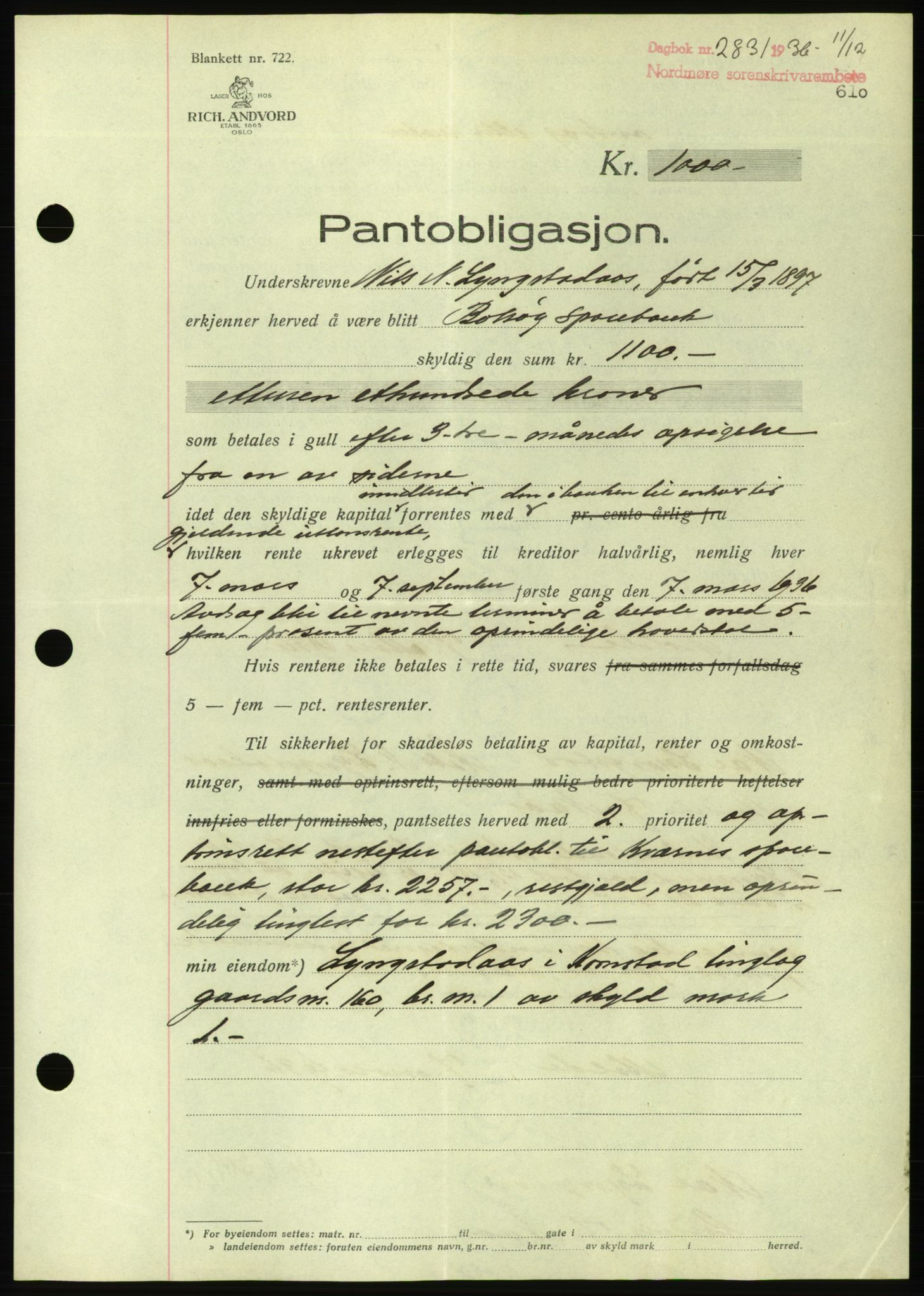 Nordmøre sorenskriveri, AV/SAT-A-4132/1/2/2Ca/L0090: Mortgage book no. B80, 1936-1937, Diary no: : 2831/1936