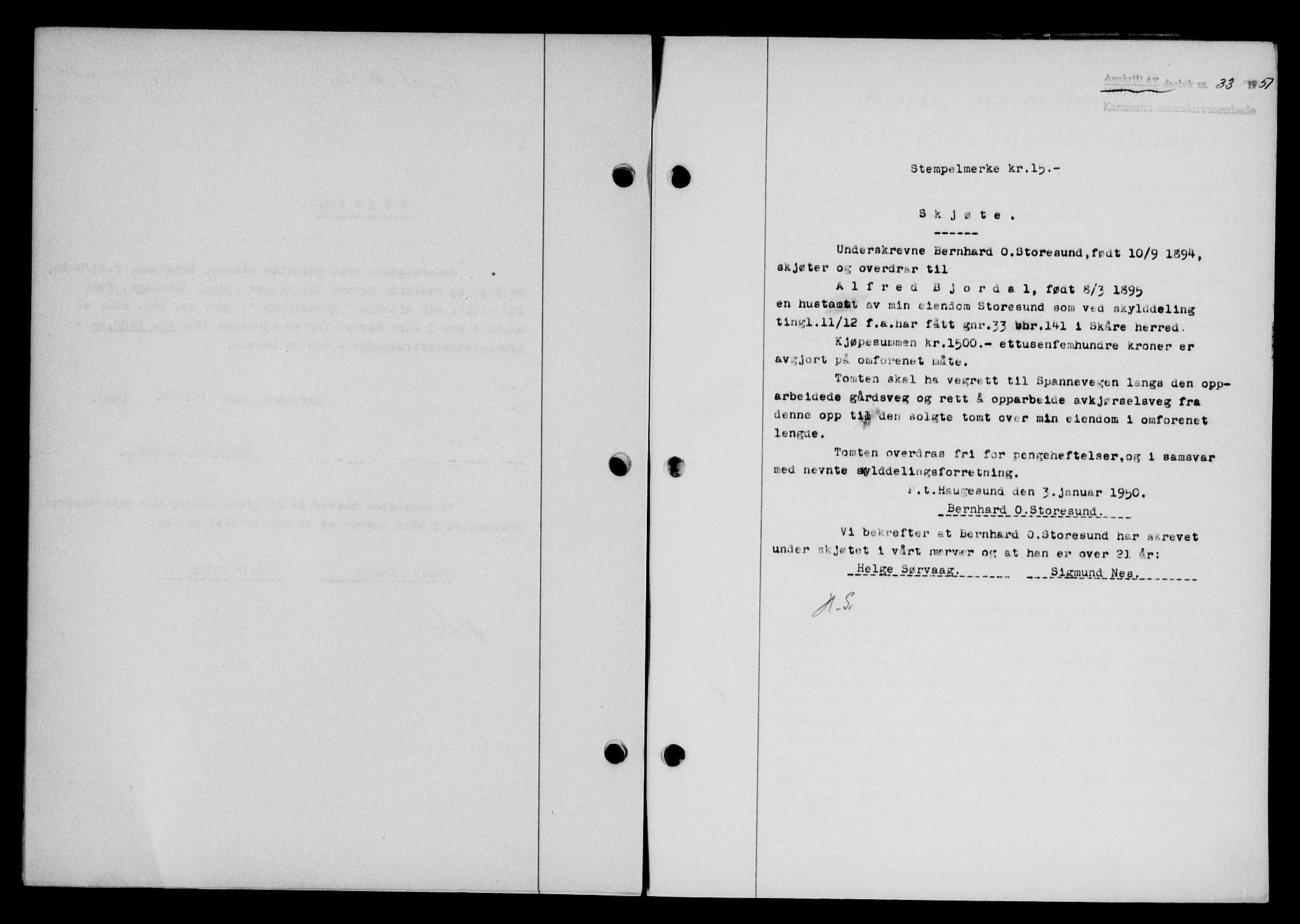 Karmsund sorenskriveri, SAST/A-100311/01/II/IIB/L0101: Mortgage book no. 81A, 1950-1951, Diary no: : 33/1951