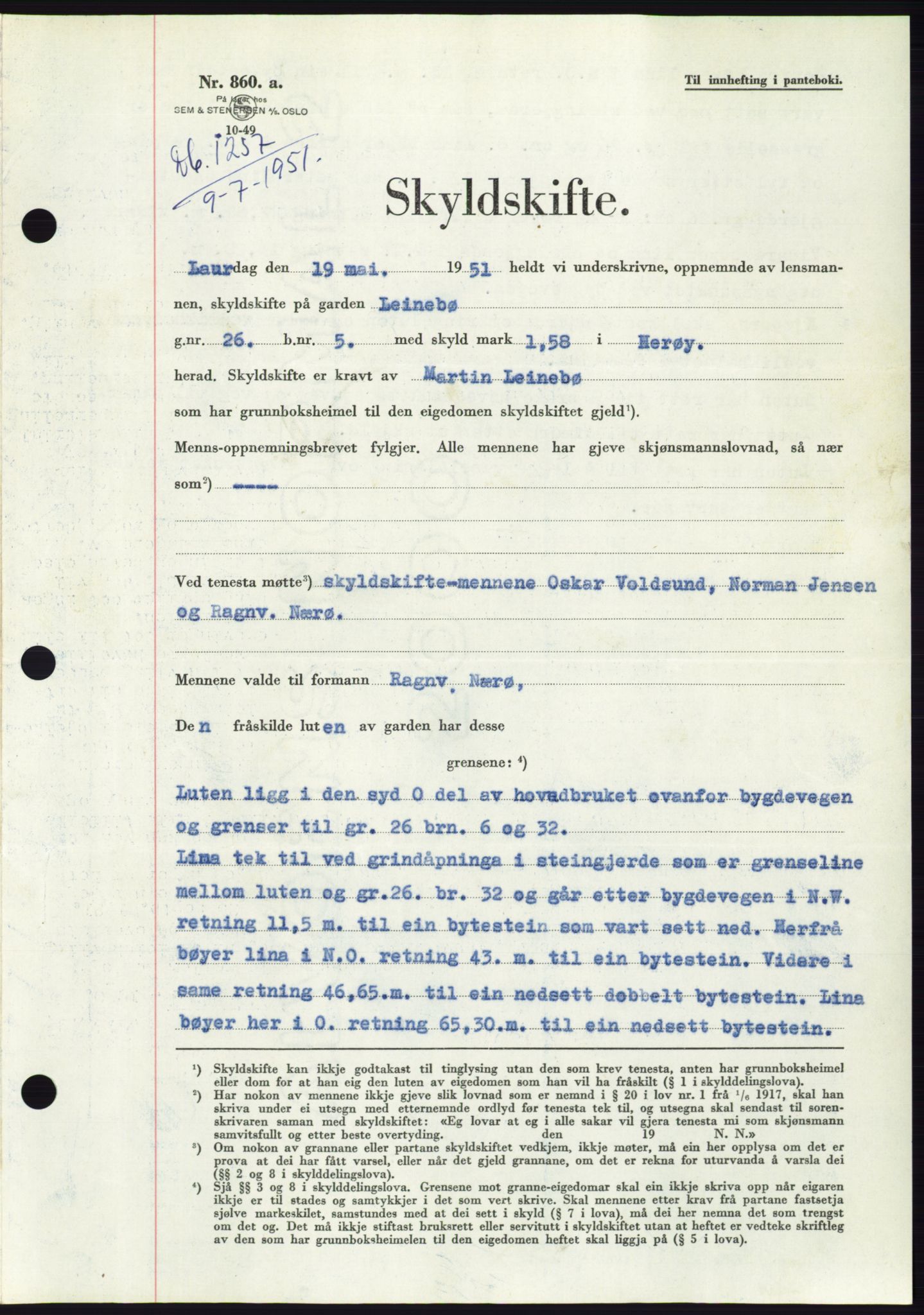 Søre Sunnmøre sorenskriveri, AV/SAT-A-4122/1/2/2C/L0089: Mortgage book no. 15A, 1951-1951, Diary no: : 1257/1951