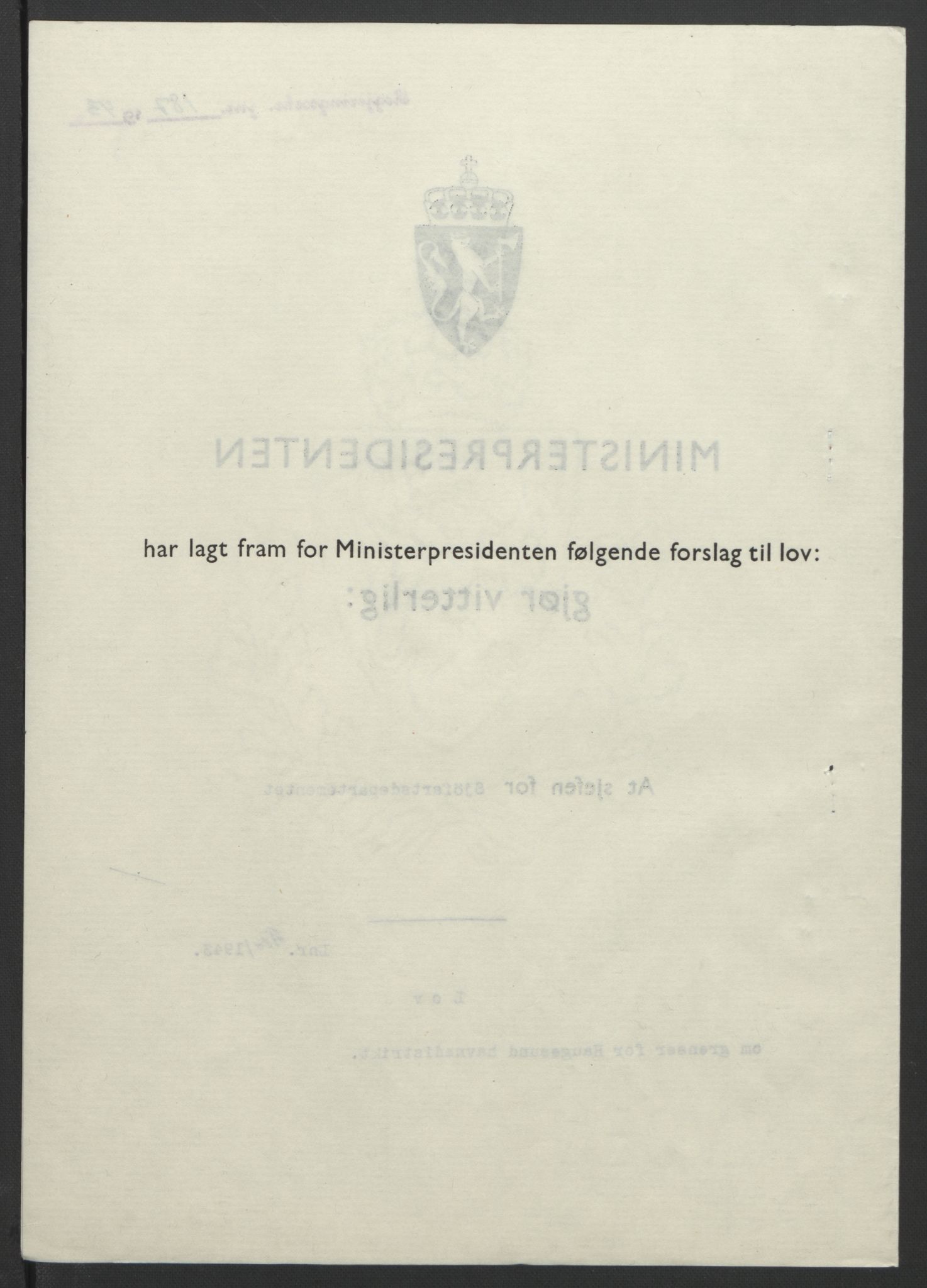 NS-administrasjonen 1940-1945 (Statsrådsekretariatet, de kommisariske statsråder mm), AV/RA-S-4279/D/Db/L0099: Lover, 1943, p. 418