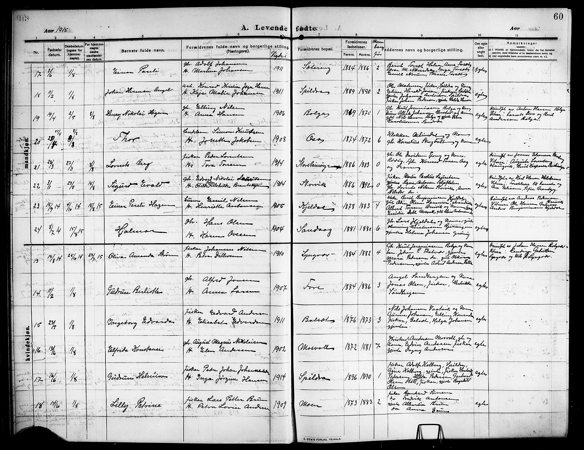 Ministerialprotokoller, klokkerbøker og fødselsregistre - Nordland, AV/SAT-A-1459/843/L0639: Parish register (copy) no. 843C08, 1908-1924, p. 60