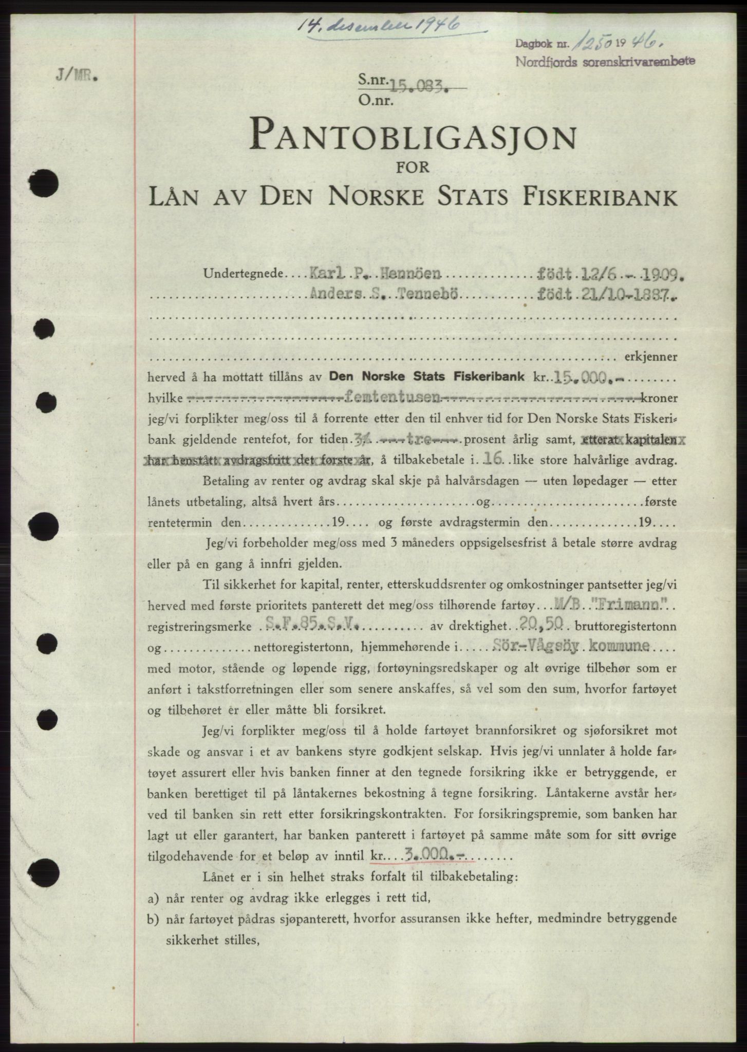 Nordfjord sorenskriveri, SAB/A-2801/02/02b/02bk/L0005: Mortgage book no. B7-8, 1946-1947, Diary no: : 1250/1946