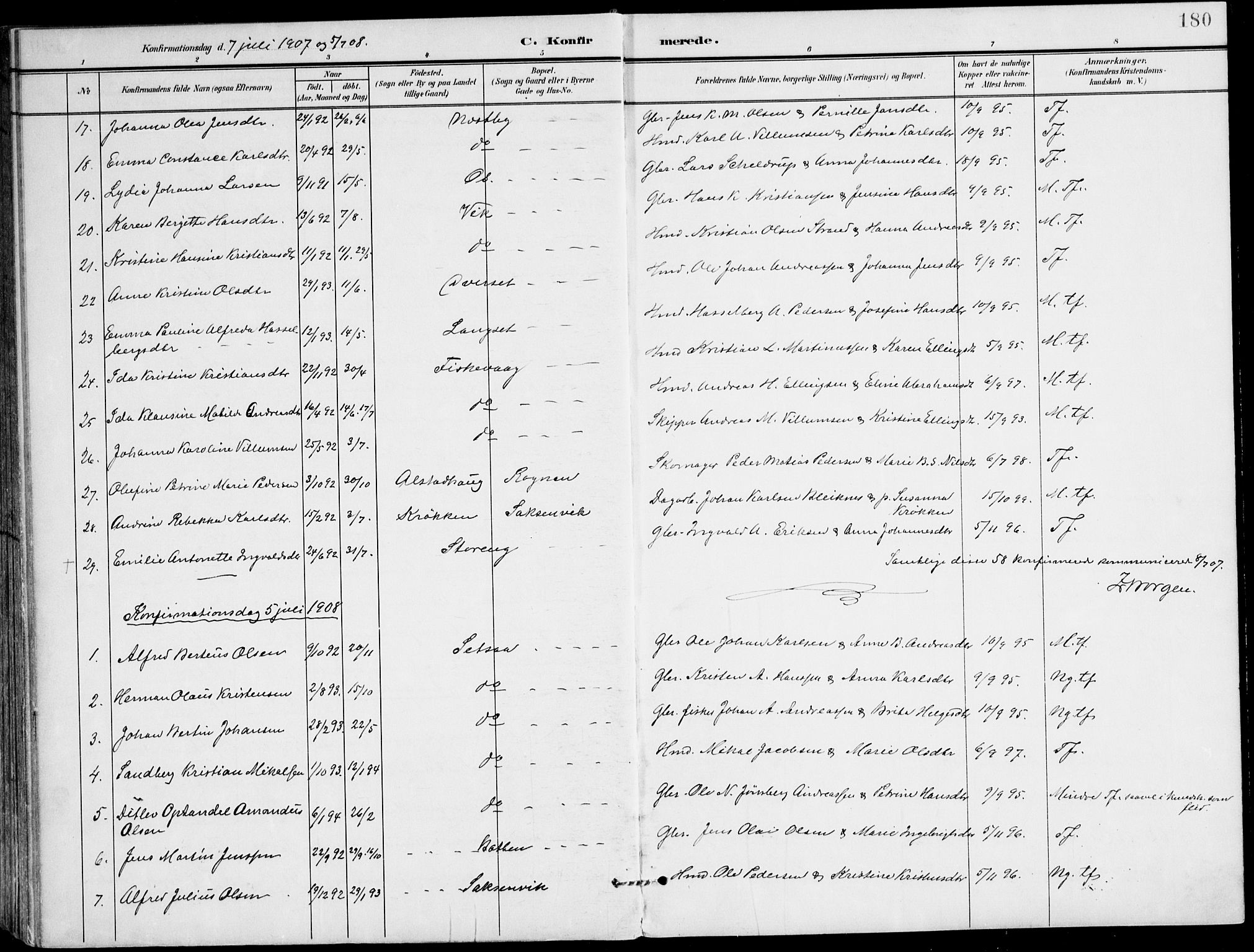 Ministerialprotokoller, klokkerbøker og fødselsregistre - Nordland, AV/SAT-A-1459/847/L0672: Parish register (official) no. 847A12, 1902-1919, p. 180