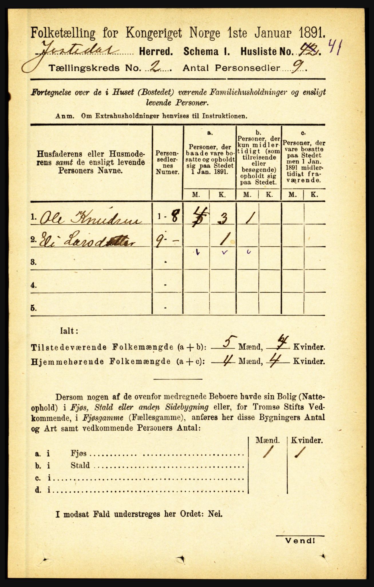 RA, 1891 census for 1427 Jostedal, 1891, p. 492