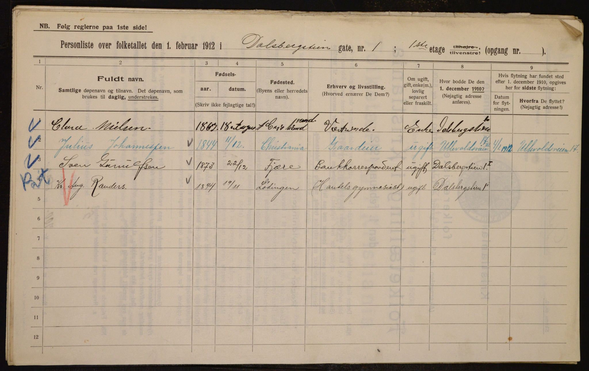 OBA, Municipal Census 1912 for Kristiania, 1912, p. 13911