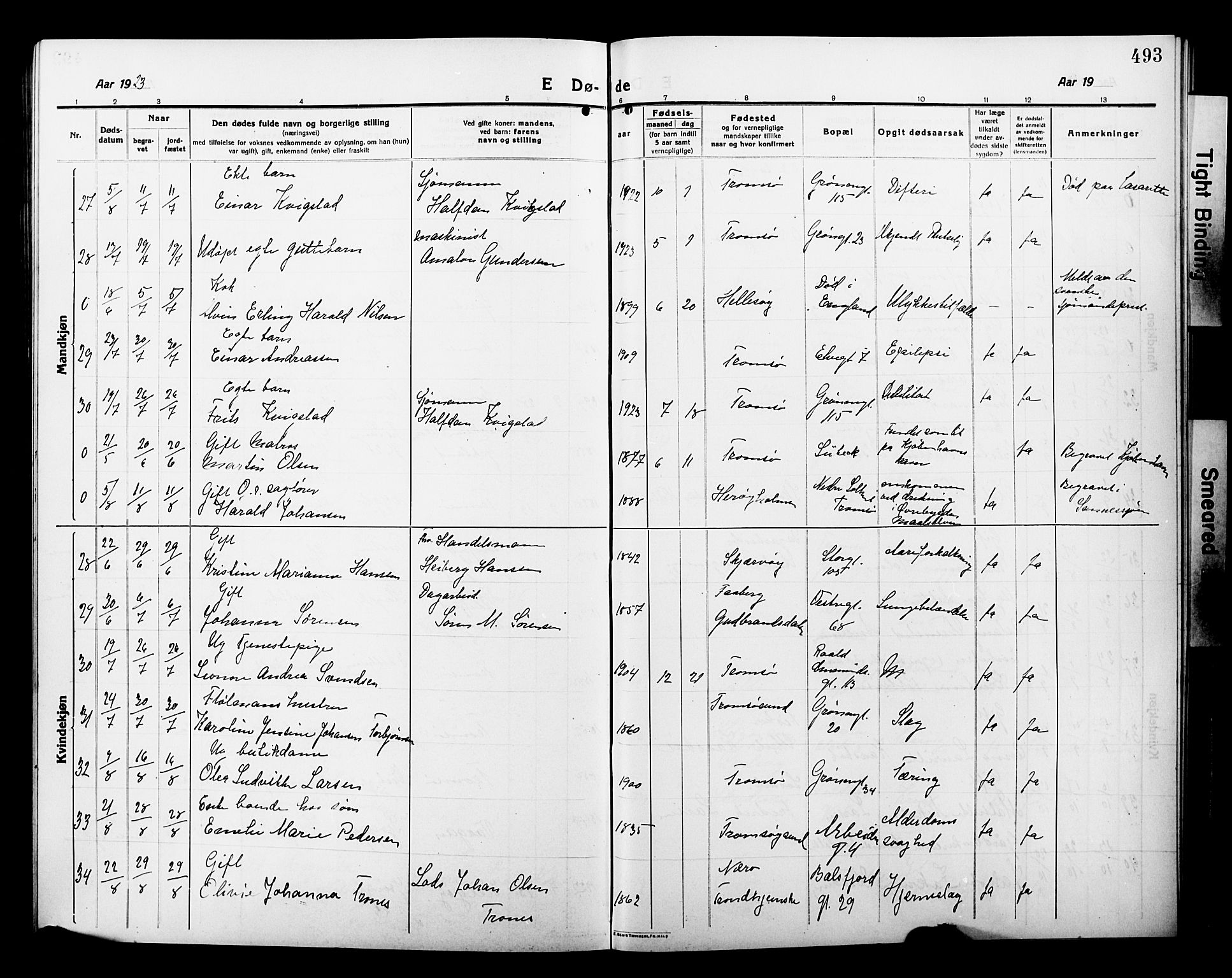 Tromsø sokneprestkontor/stiftsprosti/domprosti, AV/SATØ-S-1343/G/Gb/L0009klokker: Parish register (copy) no. 9, 1915-1925, p. 493