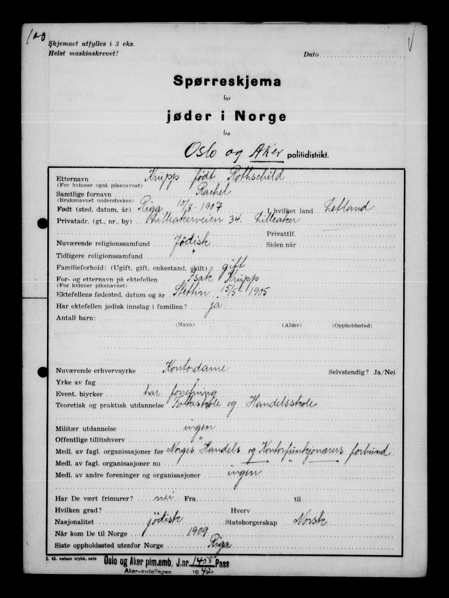 Statspolitiet - Hovedkontoret / Osloavdelingen, AV/RA-S-1329/G/Ga/L0011: Spørreskjema for jøder i Norge. 1: Oslo 610-806 (Plavnik-Zwillinger). 2: Aker 1-113 (Adler-Lewin). , 1942, p. 884