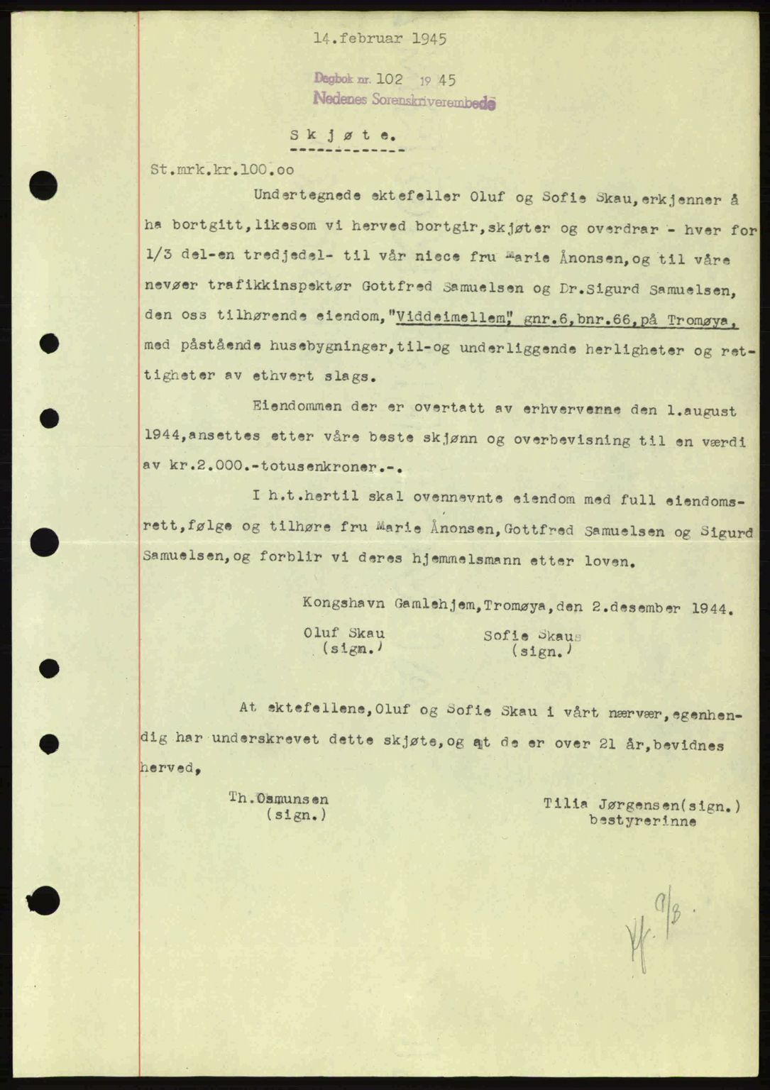 Nedenes sorenskriveri, SAK/1221-0006/G/Gb/Gba/L0052: Mortgage book no. A6a, 1944-1945, Diary no: : 102/1945