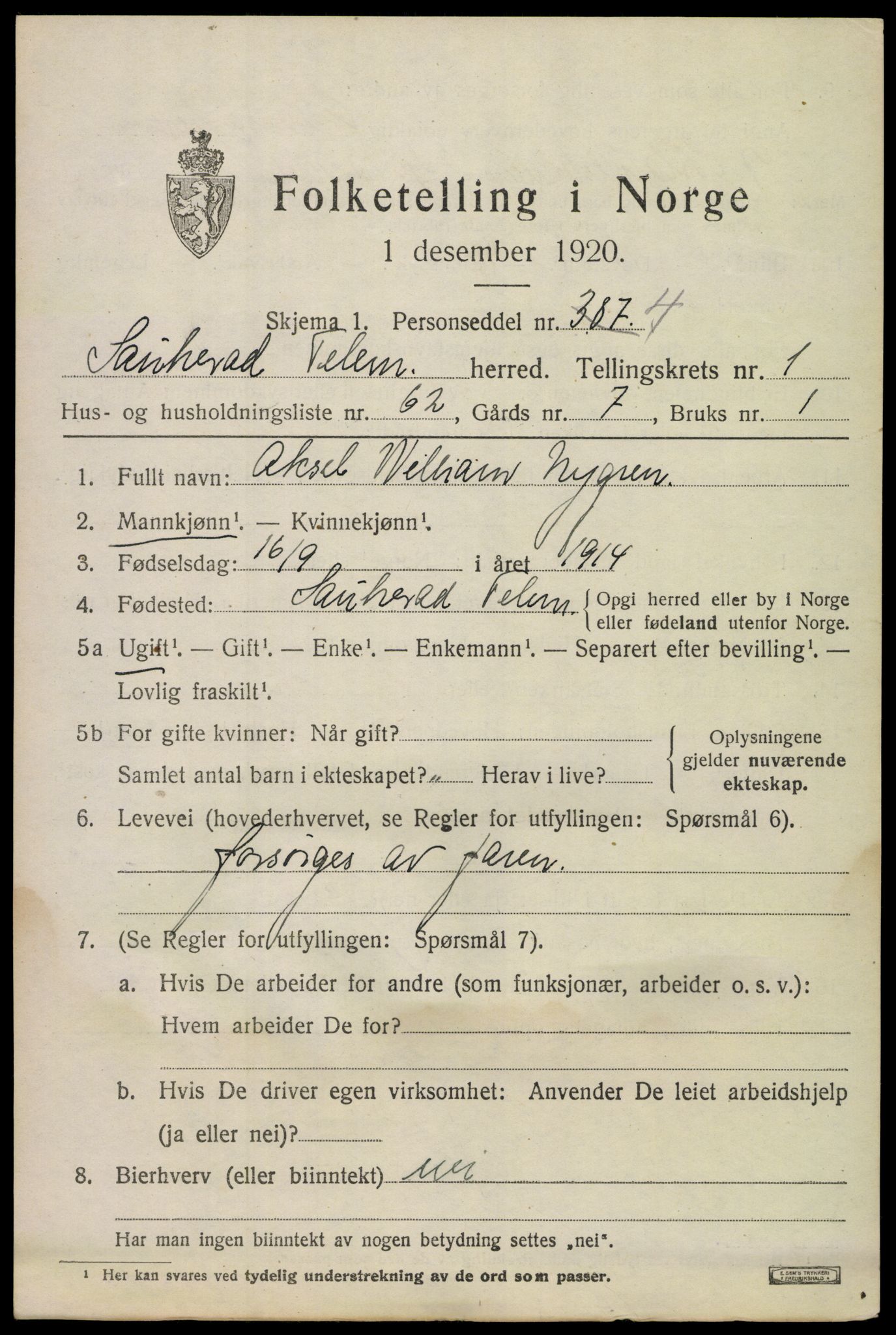 SAKO, 1920 census for Sauherad, 1920, p. 2299