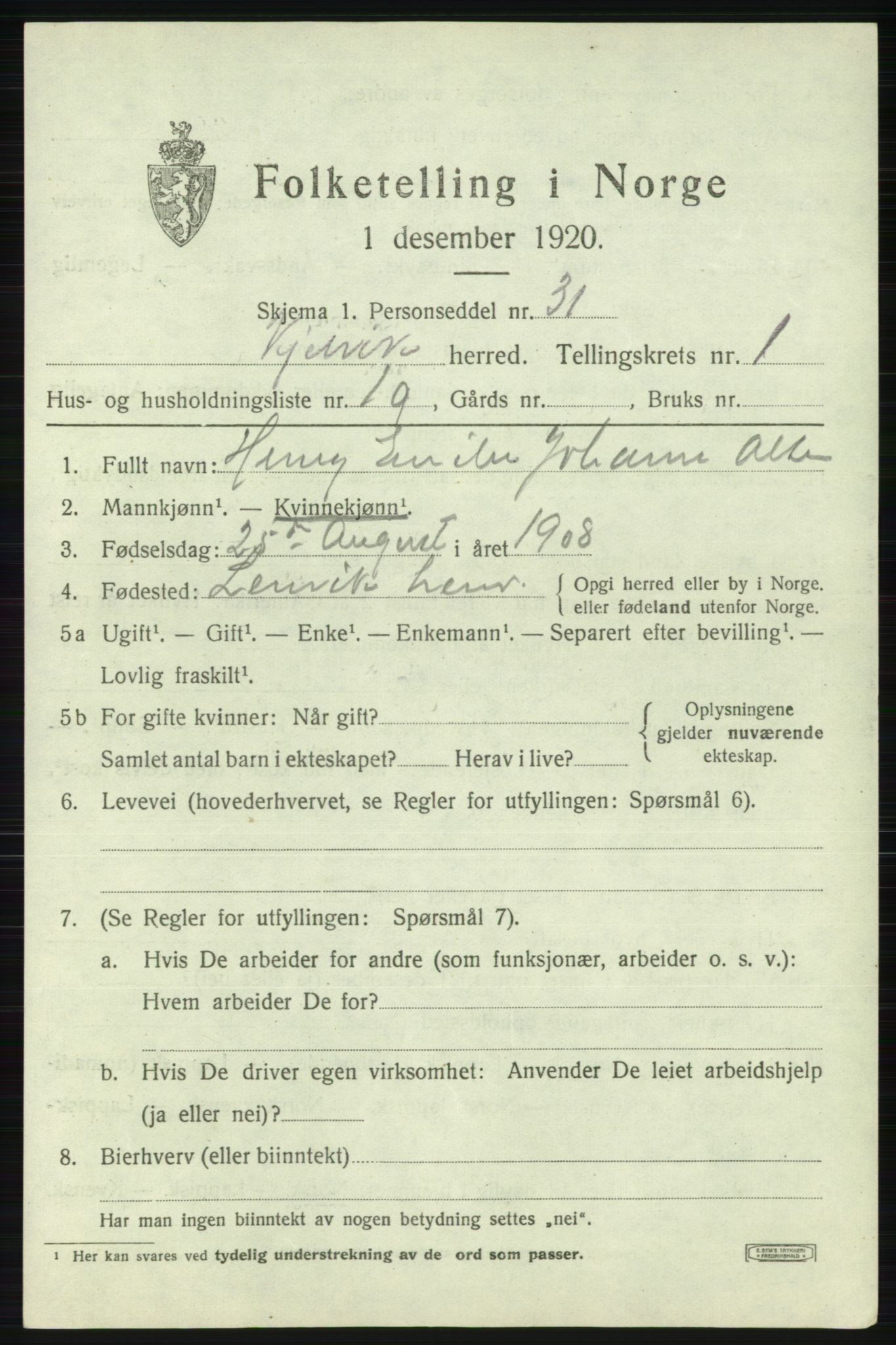 SATØ, 1920 census for Kjelvik, 1920, p. 1379