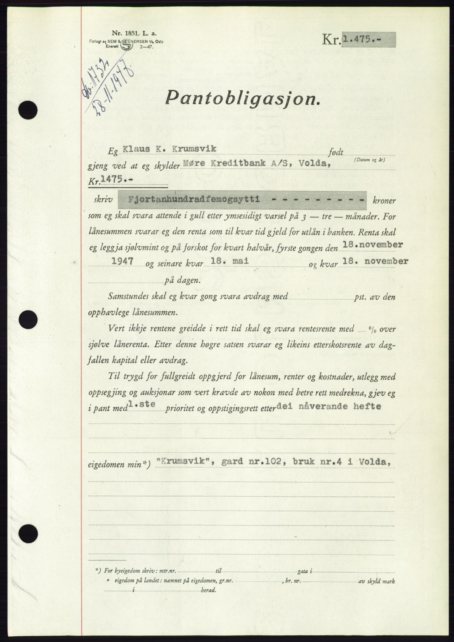 Søre Sunnmøre sorenskriveri, AV/SAT-A-4122/1/2/2C/L0115: Mortgage book no. 3B, 1947-1948, Diary no: : 1732/1947