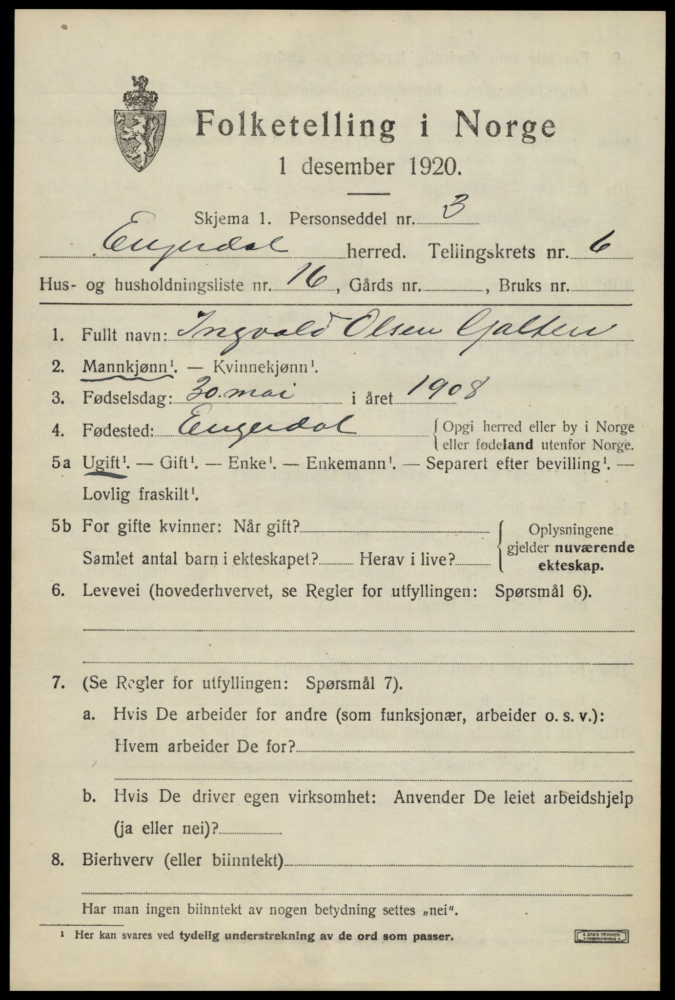 SAH, 1920 census for Engerdal, 1920, p. 2931