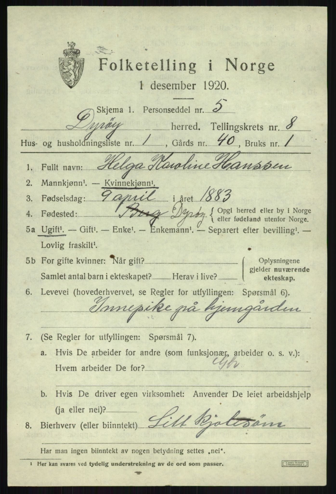 SATØ, 1920 census for Dyrøy, 1920, p. 4107