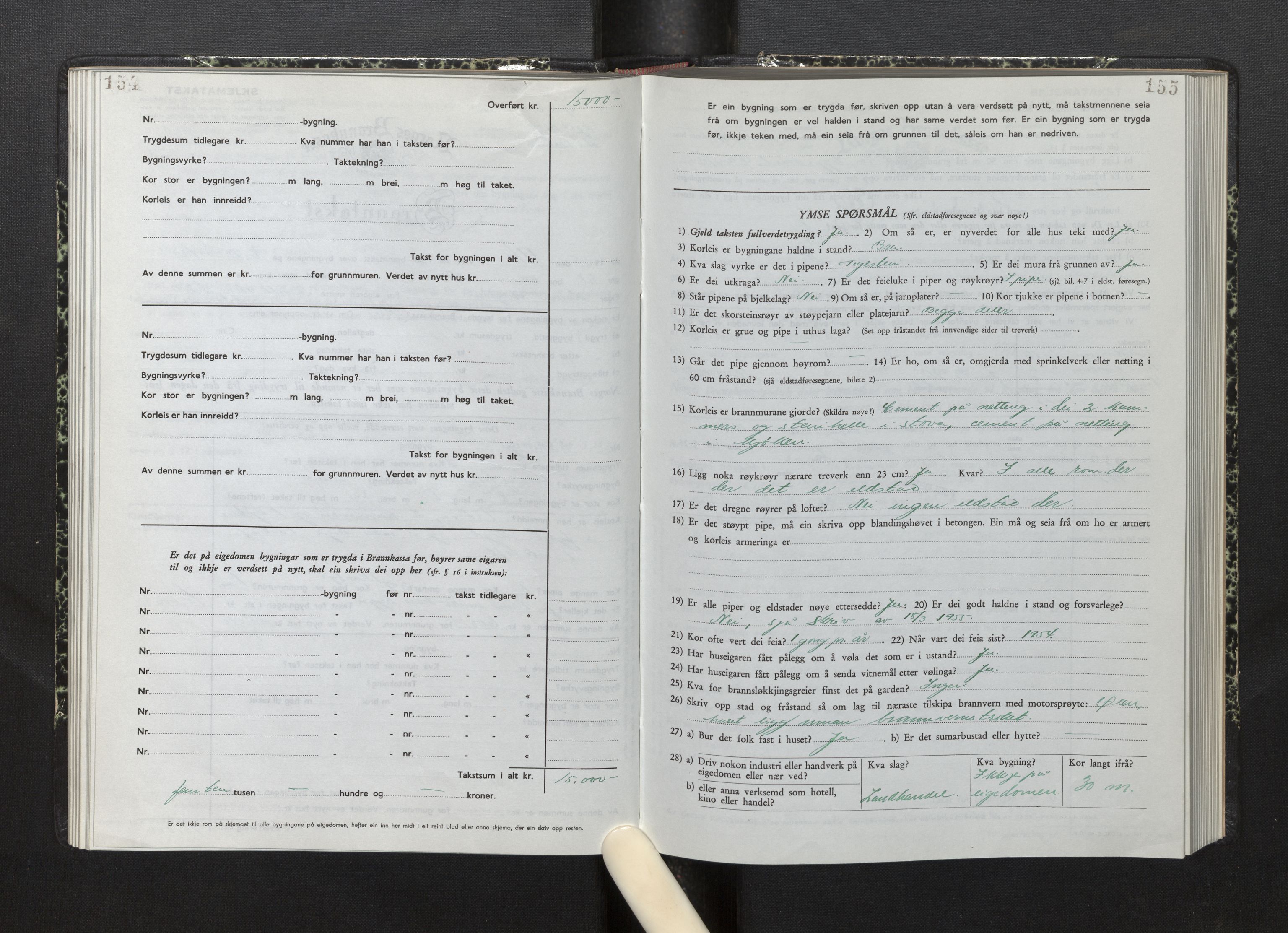 Lensmannen i Fjelberg, SAB/A-32101/0012/L0008: Branntakstprotokoll, skjematakst, 1949-1955, p. 154-155