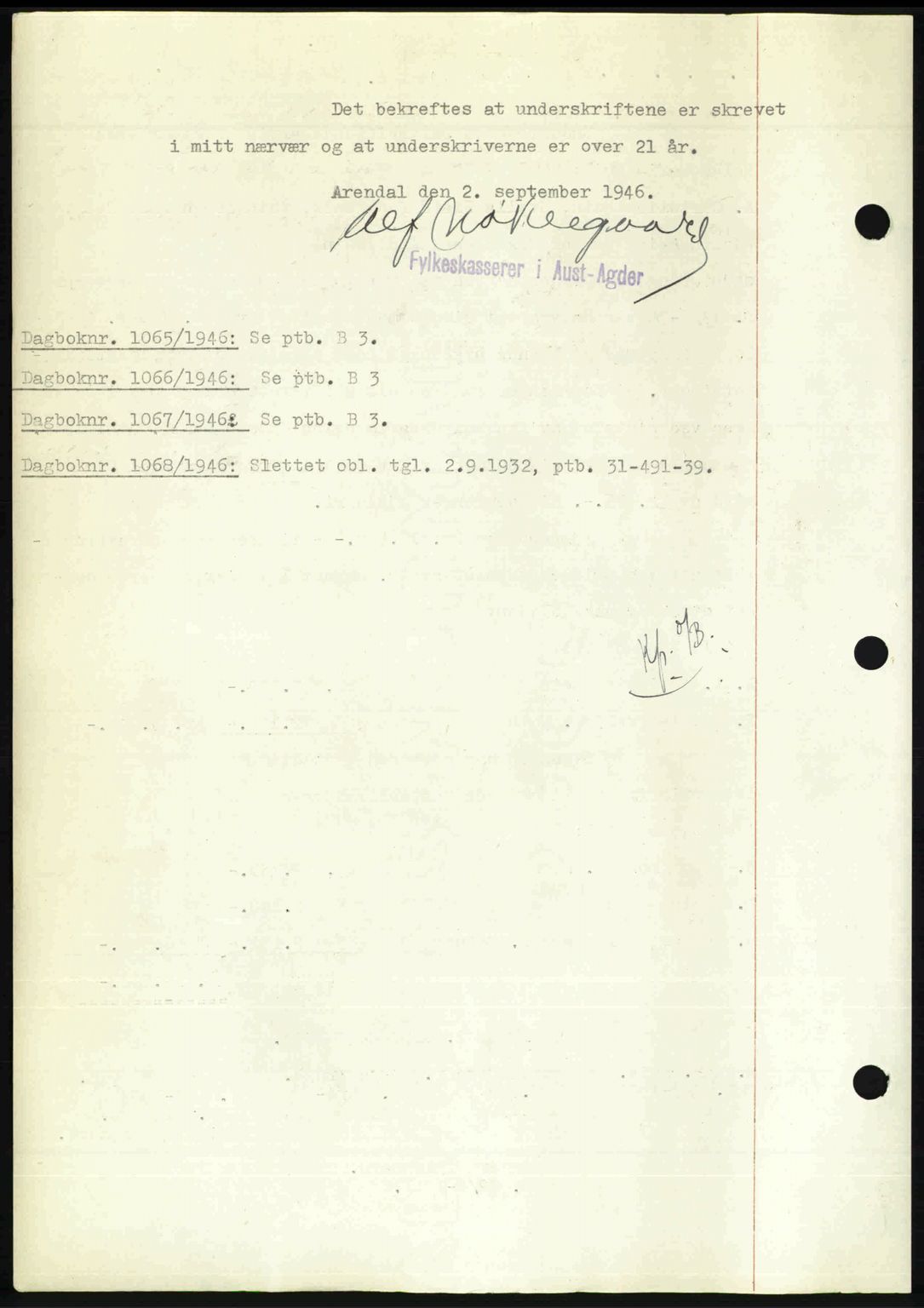 Nedenes sorenskriveri, AV/SAK-1221-0006/G/Gb/Gba/L0056: Mortgage book no. A8, 1946-1947, Diary no: : 1064/1946