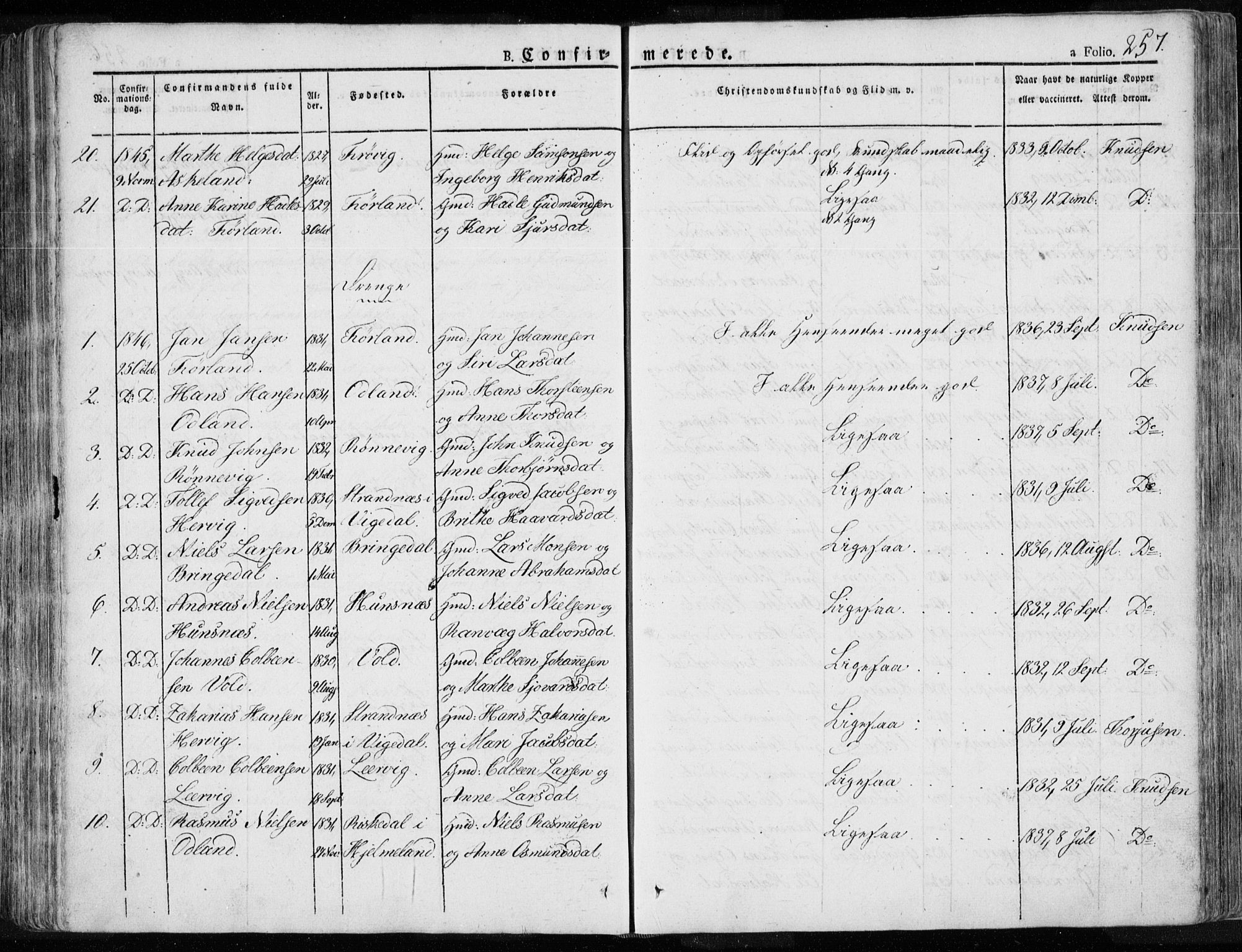 Tysvær sokneprestkontor, AV/SAST-A -101864/H/Ha/Haa/L0001: Parish register (official) no. A 1.1, 1831-1856, p. 257