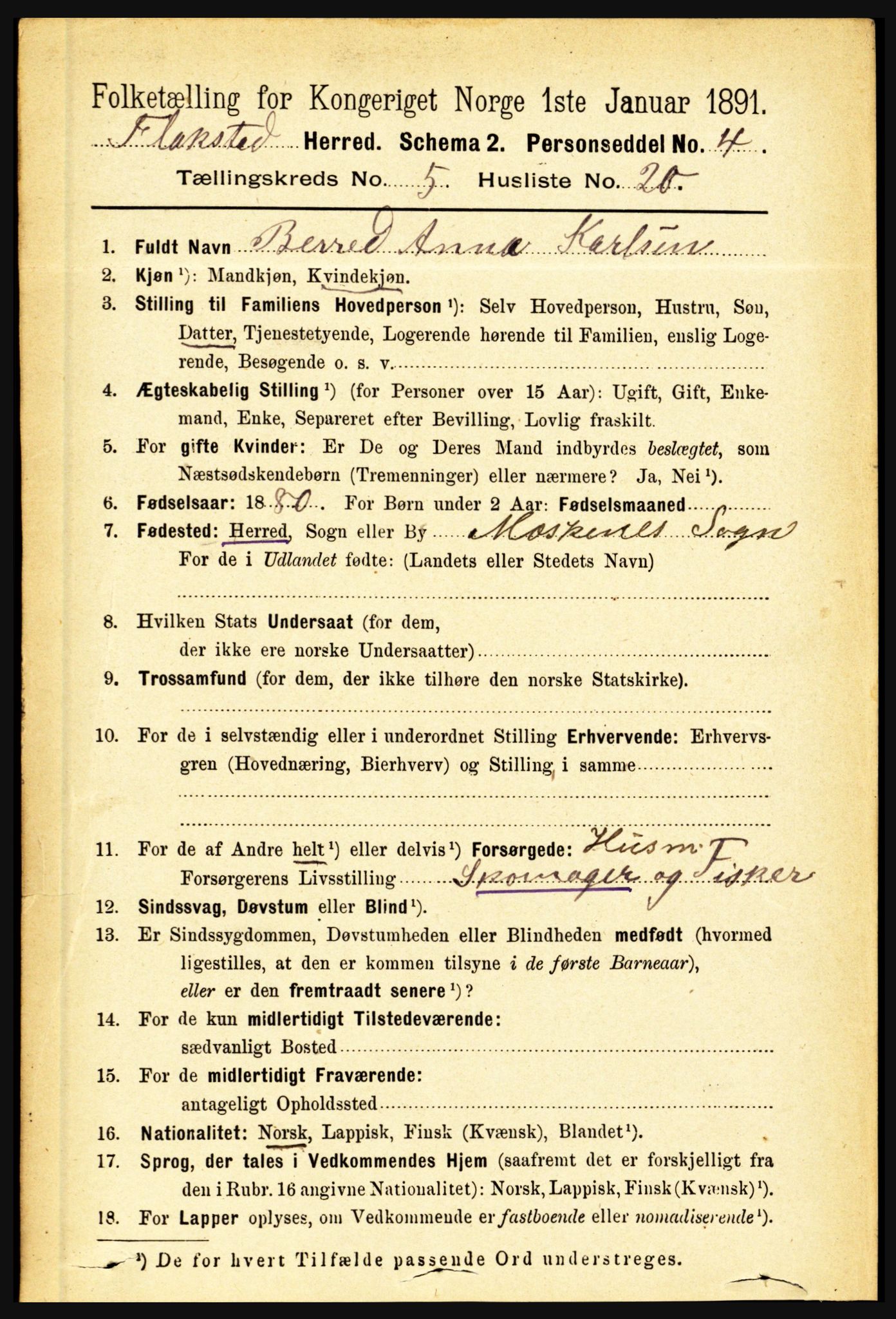 RA, 1891 census for 1859 Flakstad, 1891, p. 2607