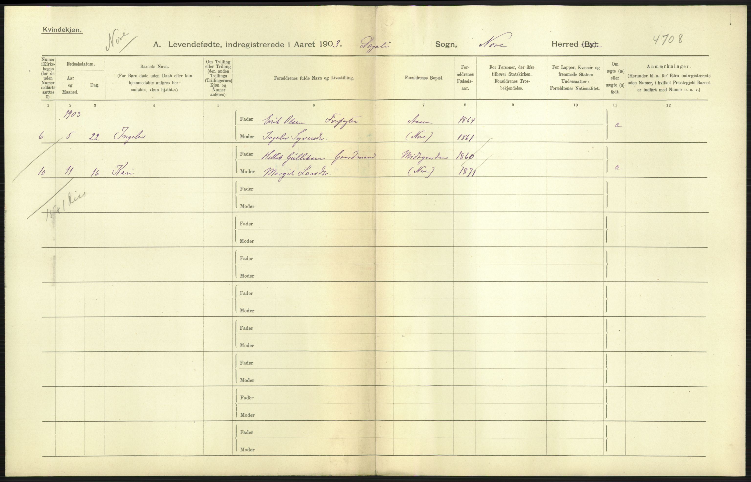 Statistisk sentralbyrå, Sosiodemografiske emner, Befolkning, AV/RA-S-2228/D/Df/Dfa/Dfaa/L0007: Buskeruds amt: Fødte, gifte, døde, 1903, p. 9