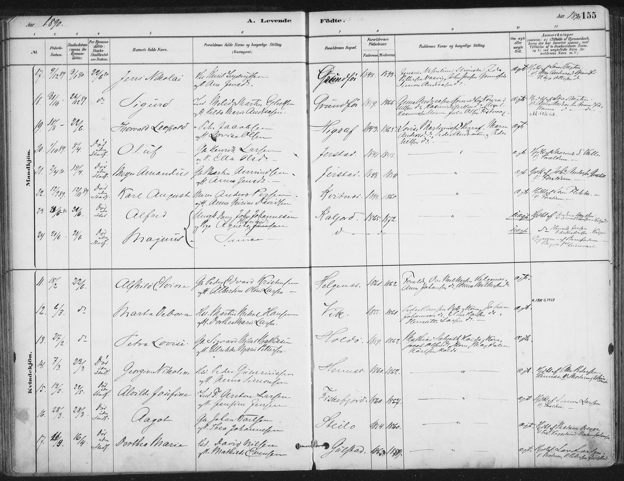 Ministerialprotokoller, klokkerbøker og fødselsregistre - Nordland, AV/SAT-A-1459/888/L1244: Parish register (official) no. 888A10, 1880-1890, p. 155