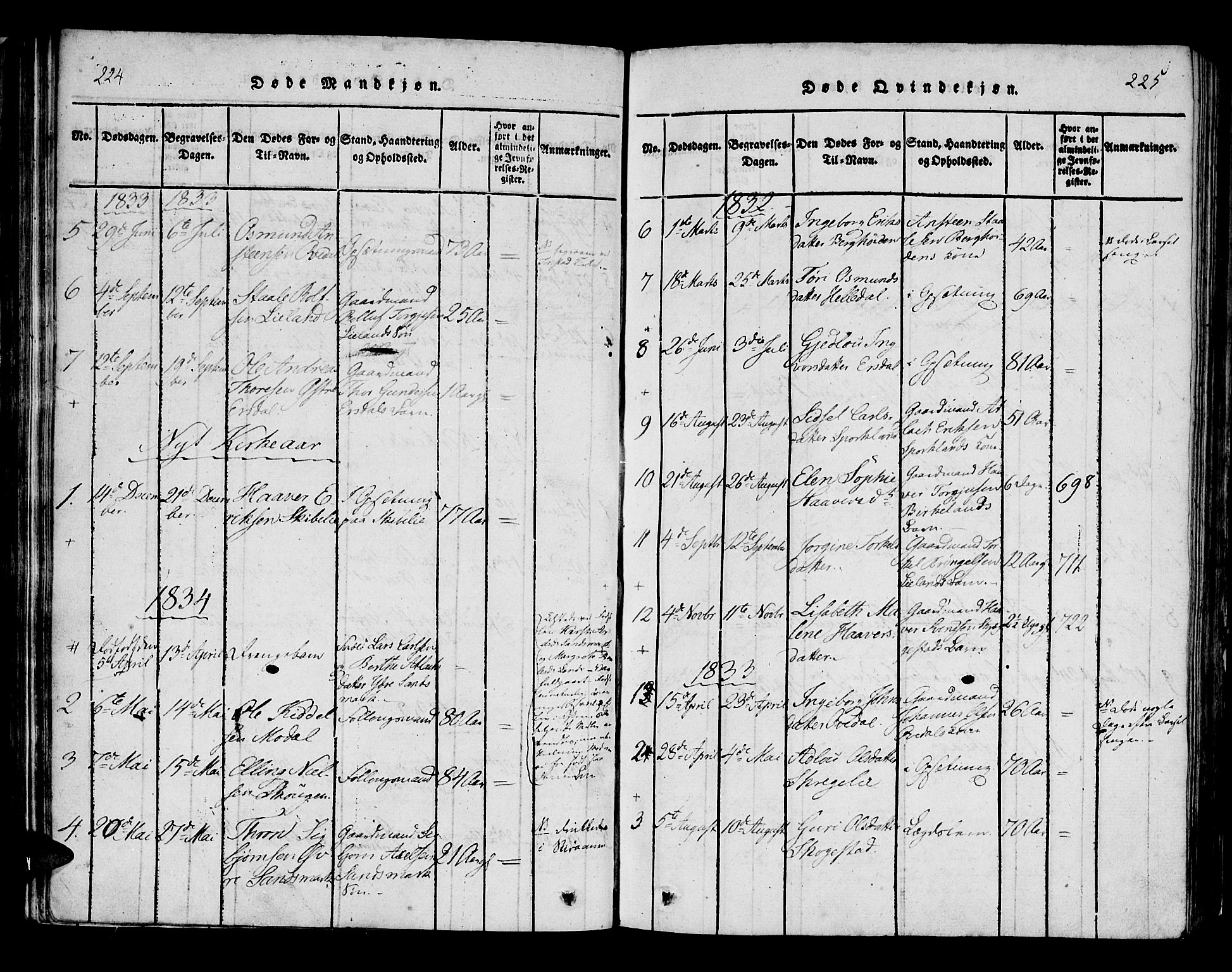 Bakke sokneprestkontor, AV/SAK-1111-0002/F/Fa/Faa/L0003: Parish register (official) no. A 3, 1815-1835, p. 224-225