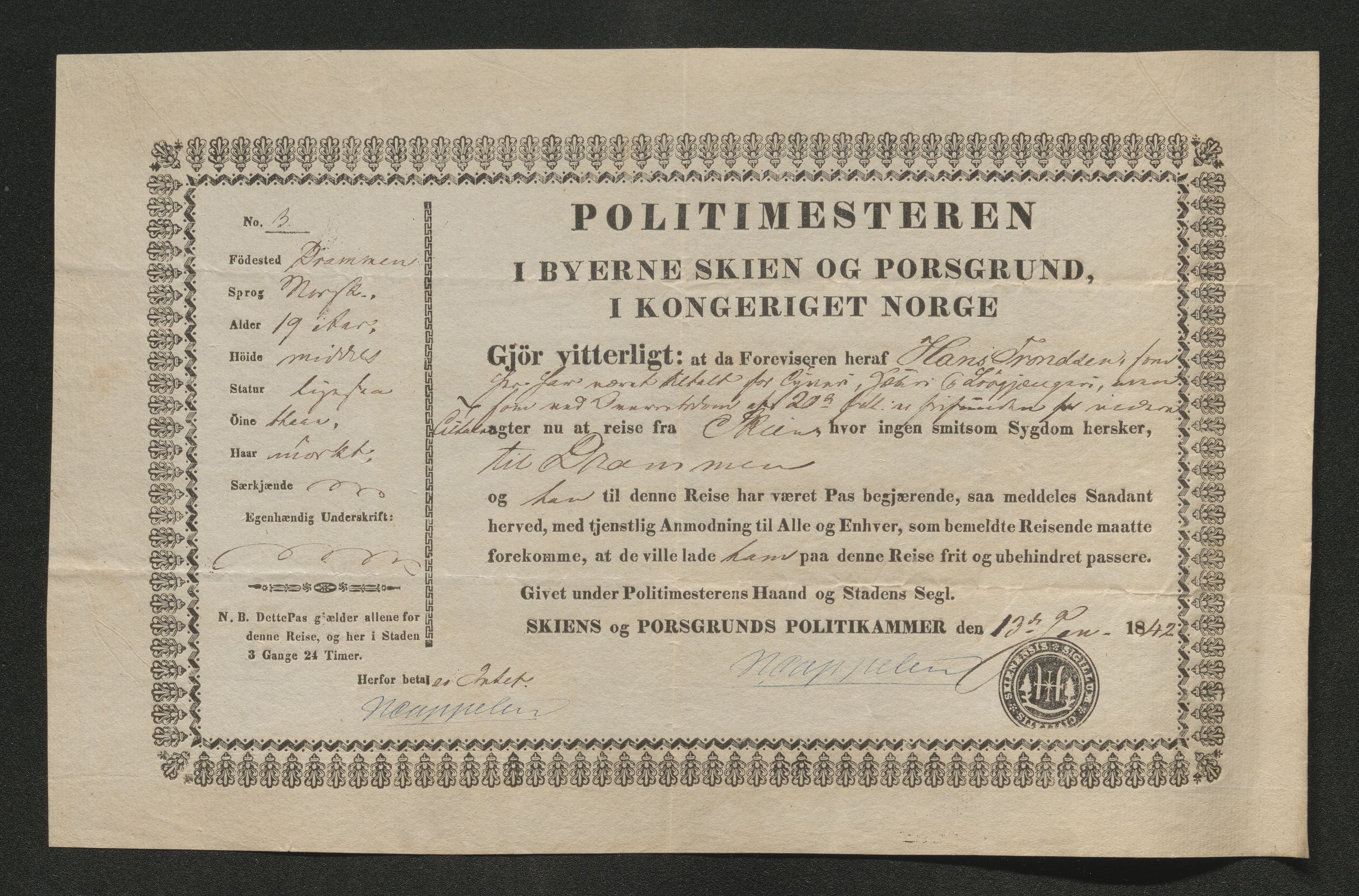 Drammen politikammer, AV/SAKO-A-623/I/Ia/Iab/L0006: Innleverte pass, 1841-1842, p. 325