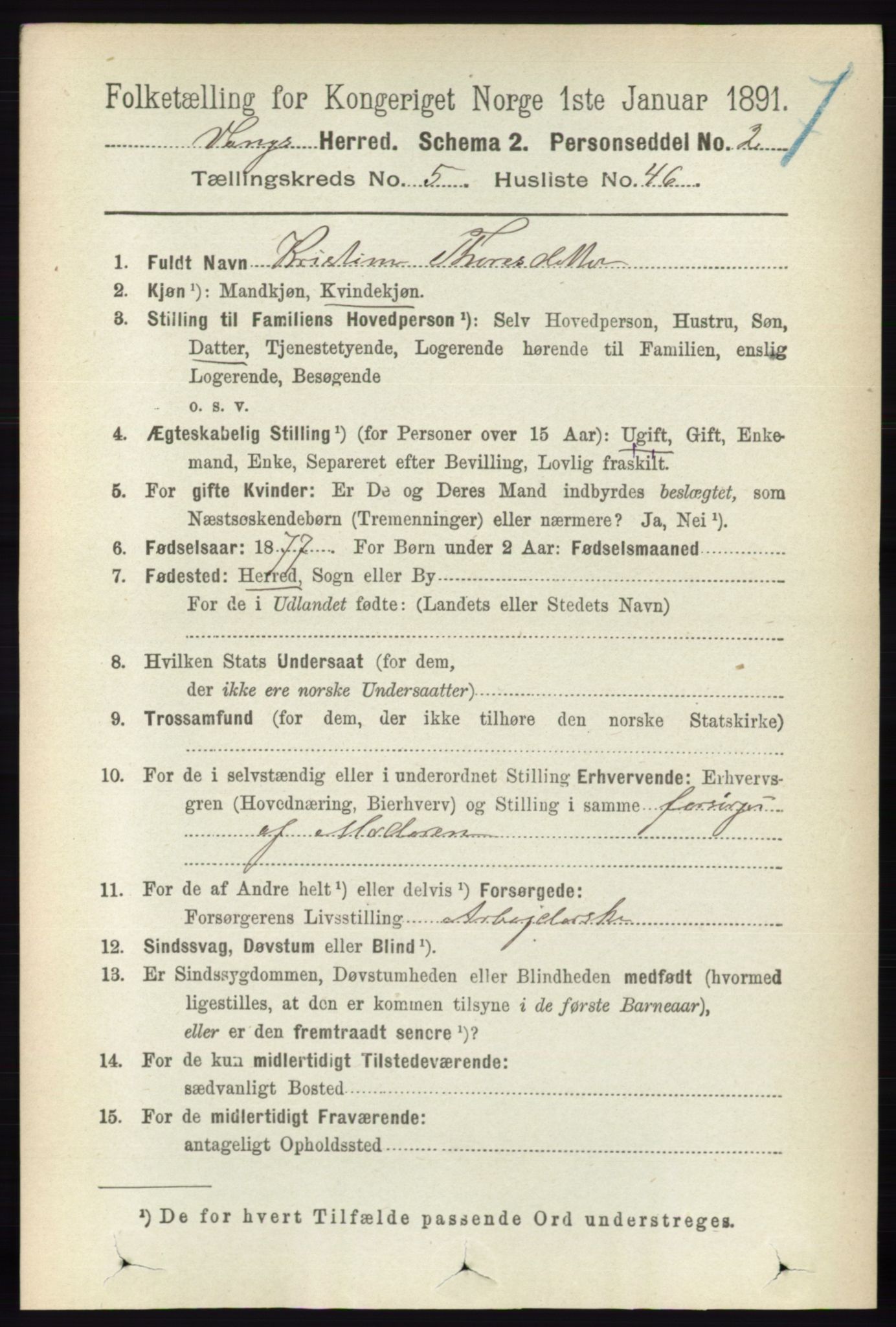 RA, 1891 census for 0414 Vang, 1891, p. 3760