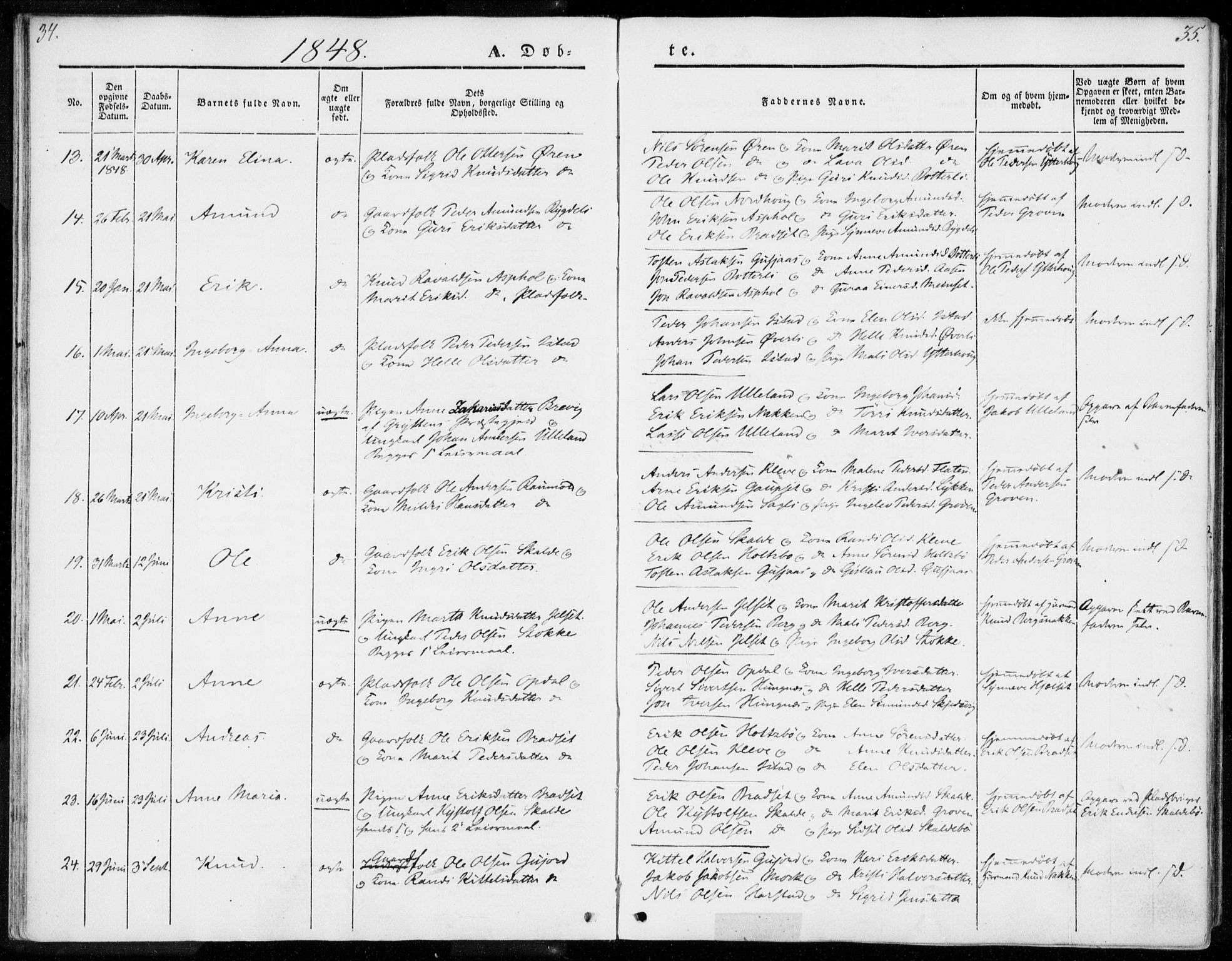 Ministerialprotokoller, klokkerbøker og fødselsregistre - Møre og Romsdal, AV/SAT-A-1454/557/L0680: Parish register (official) no. 557A02, 1843-1869, p. 34-35