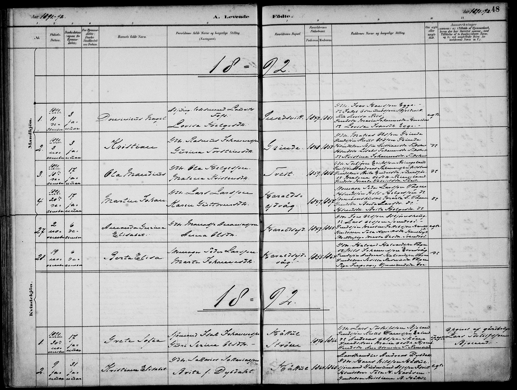 Skjold sokneprestkontor, SAST/A-101847/H/Ha/Haa/L0010: Parish register (official) no. A 10, 1882-1897, p. 48