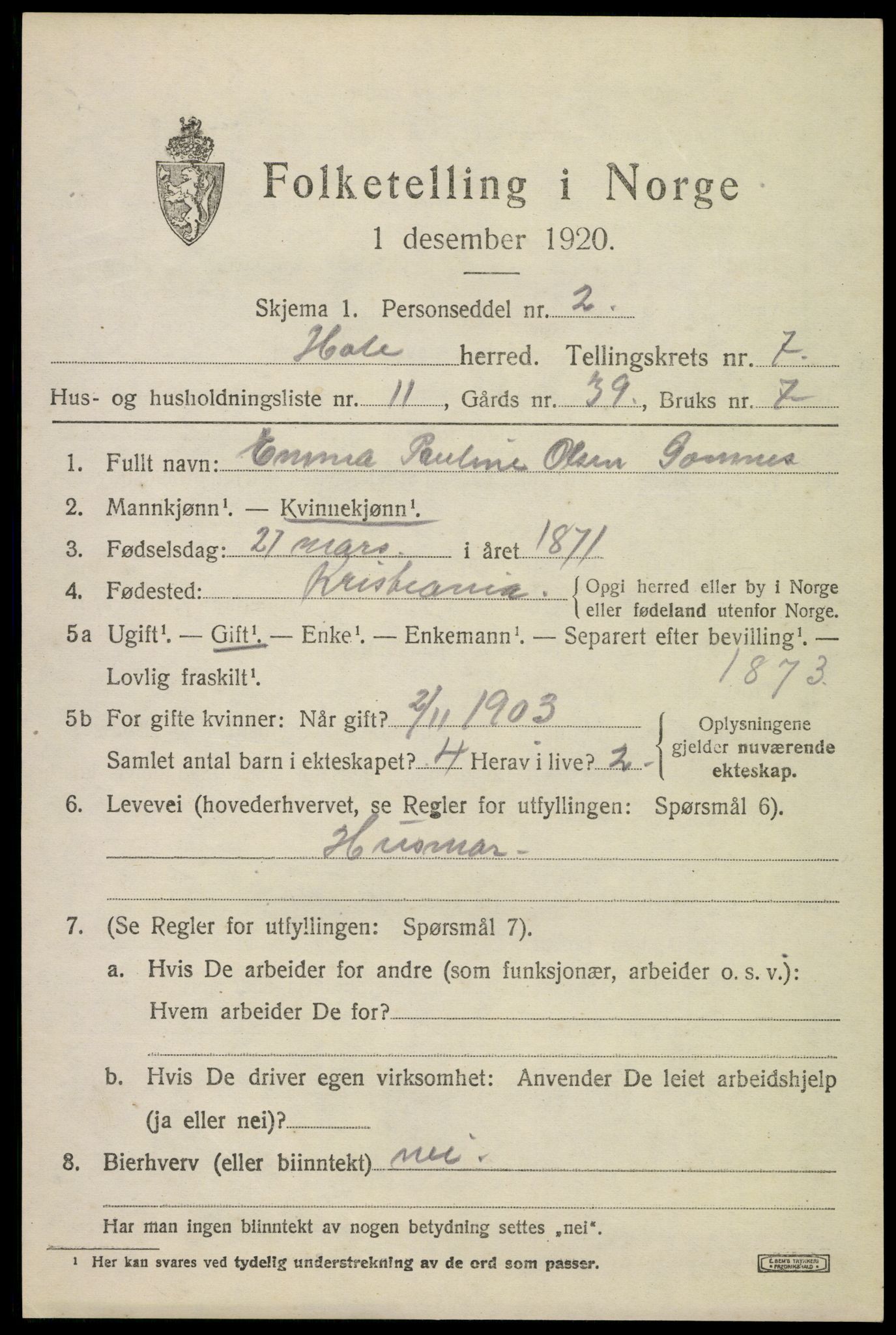 SAKO, 1920 census for Hole, 1920, p. 4461