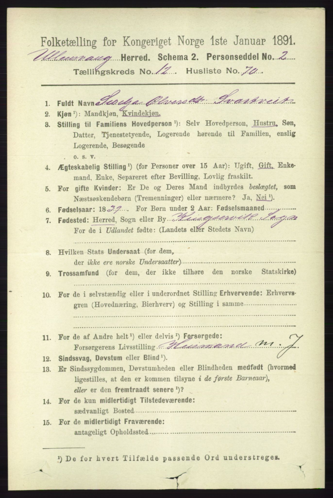 RA, 1891 census for 1230 Ullensvang, 1891, p. 5016