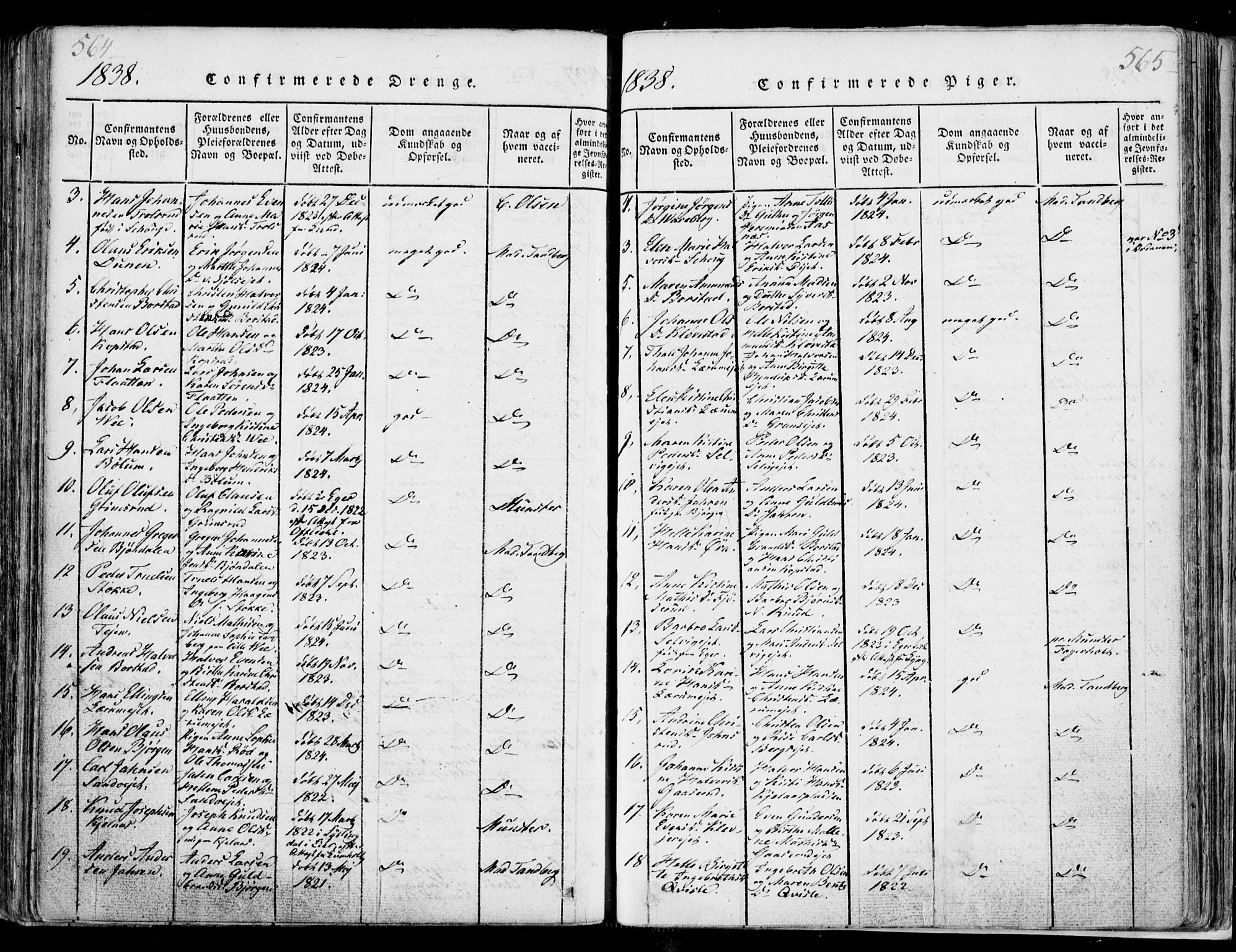 Sande Kirkebøker, SAKO/A-53/F/Fa/L0003: Parish register (official) no. 3, 1814-1847, p. 564-565