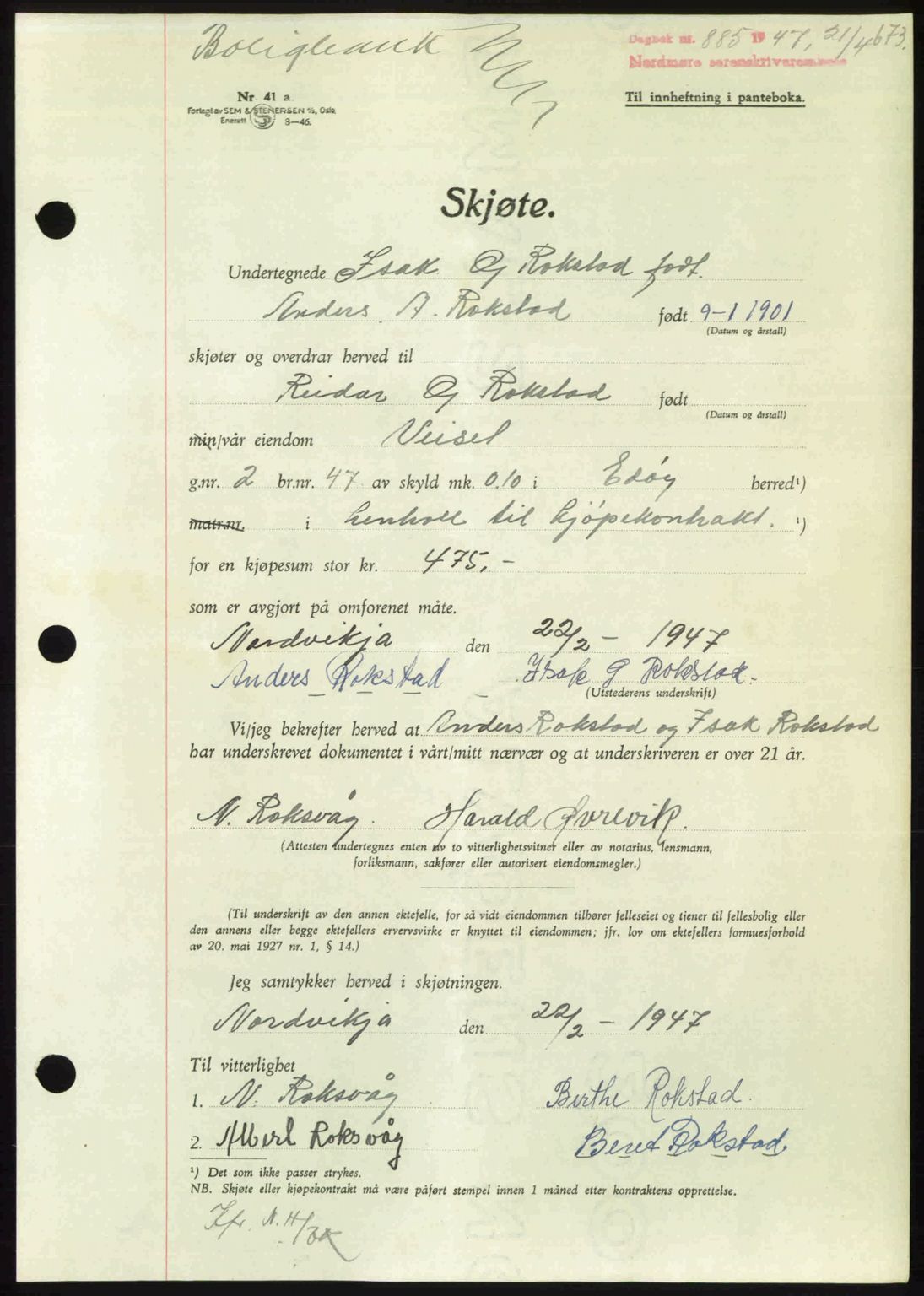 Nordmøre sorenskriveri, AV/SAT-A-4132/1/2/2Ca: Mortgage book no. A104, 1947-1947, Diary no: : 885/1947