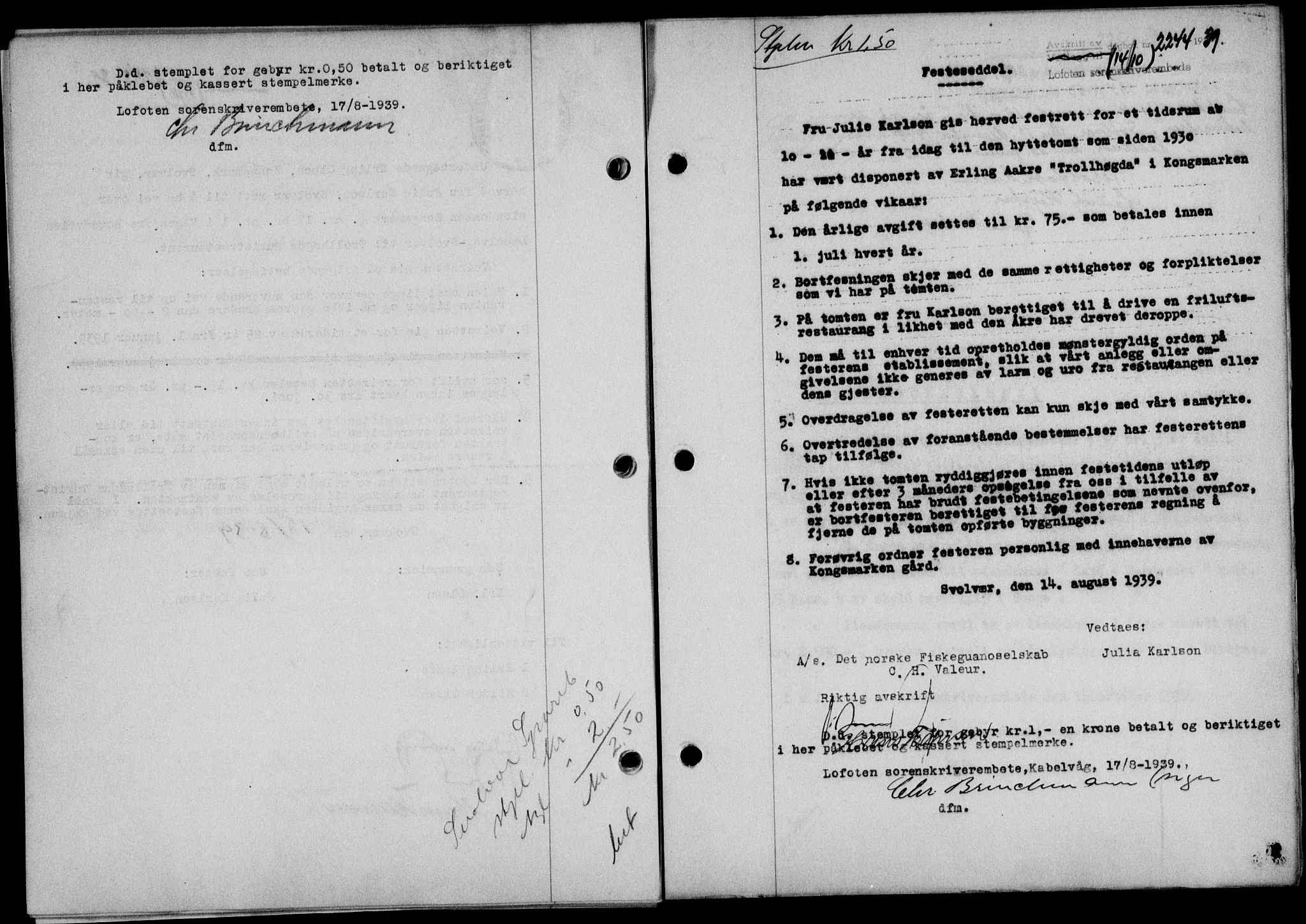 Lofoten sorenskriveri, SAT/A-0017/1/2/2C/L0006a: Mortgage book no. 6a, 1939-1939, Diary no: : 2244/1939
