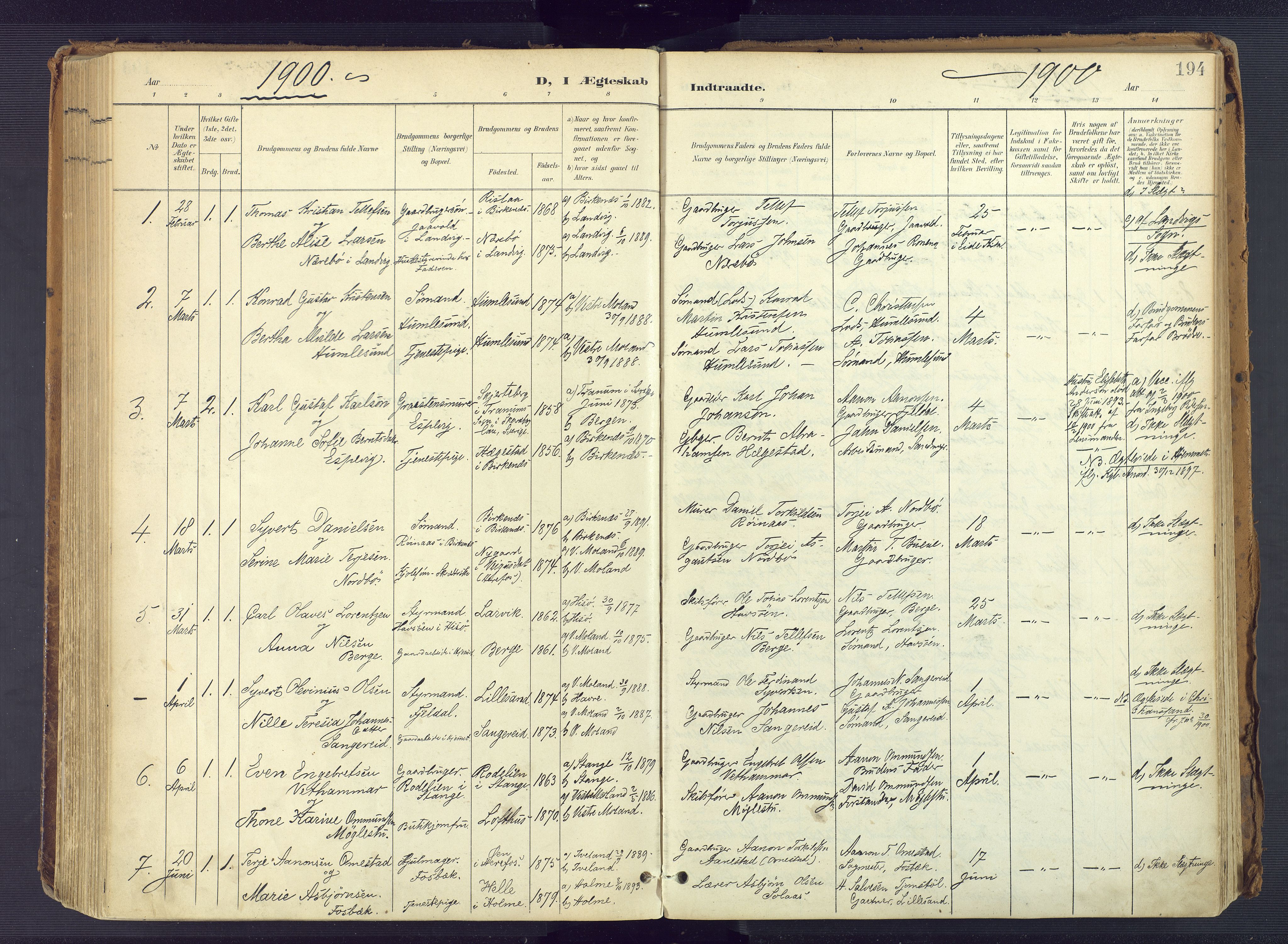 Vestre Moland sokneprestkontor, SAK/1111-0046/F/Fa/Fab/L0010: Parish register (official) no. A 10, 1900-1926, p. 194