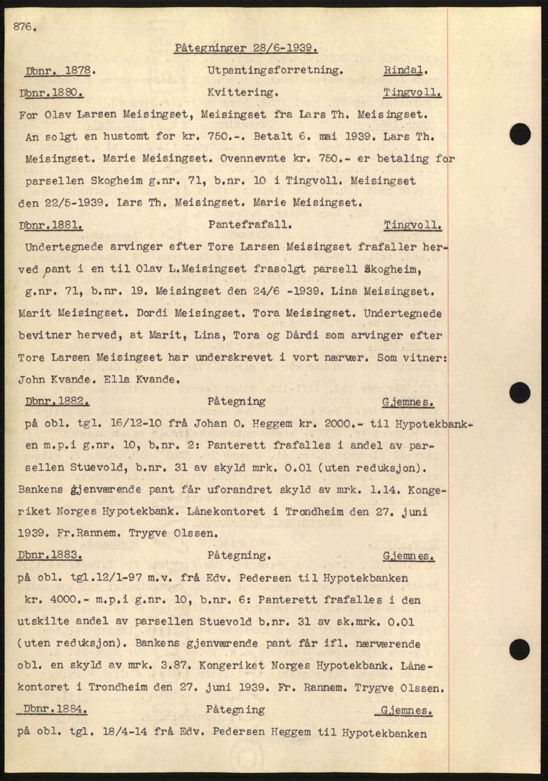 Nordmøre sorenskriveri, AV/SAT-A-4132/1/2/2Ca: Mortgage book no. C80, 1936-1939, Diary no: : 1878/1939