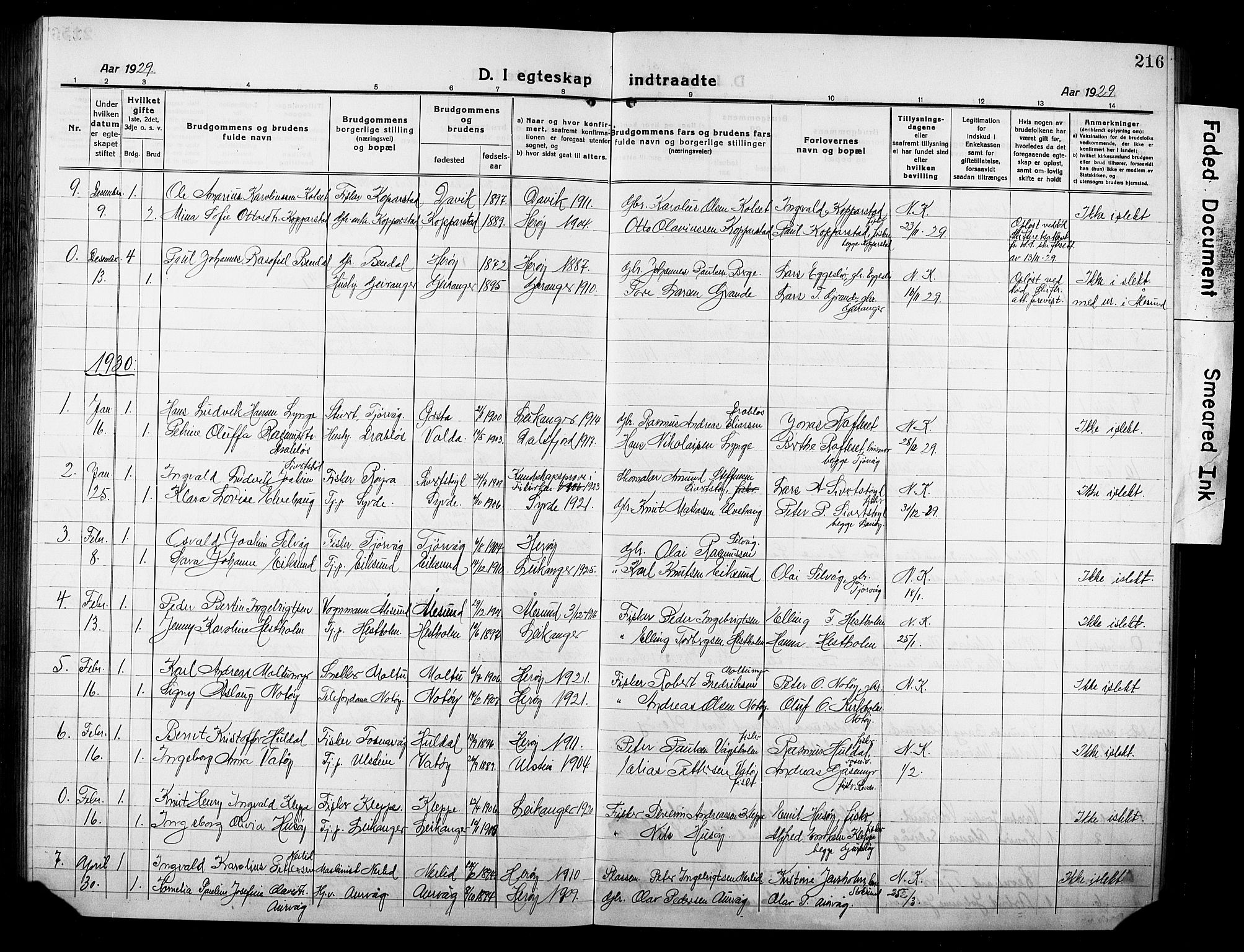 Ministerialprotokoller, klokkerbøker og fødselsregistre - Møre og Romsdal, AV/SAT-A-1454/507/L0084: Parish register (copy) no. 507C07, 1919-1932, p. 216