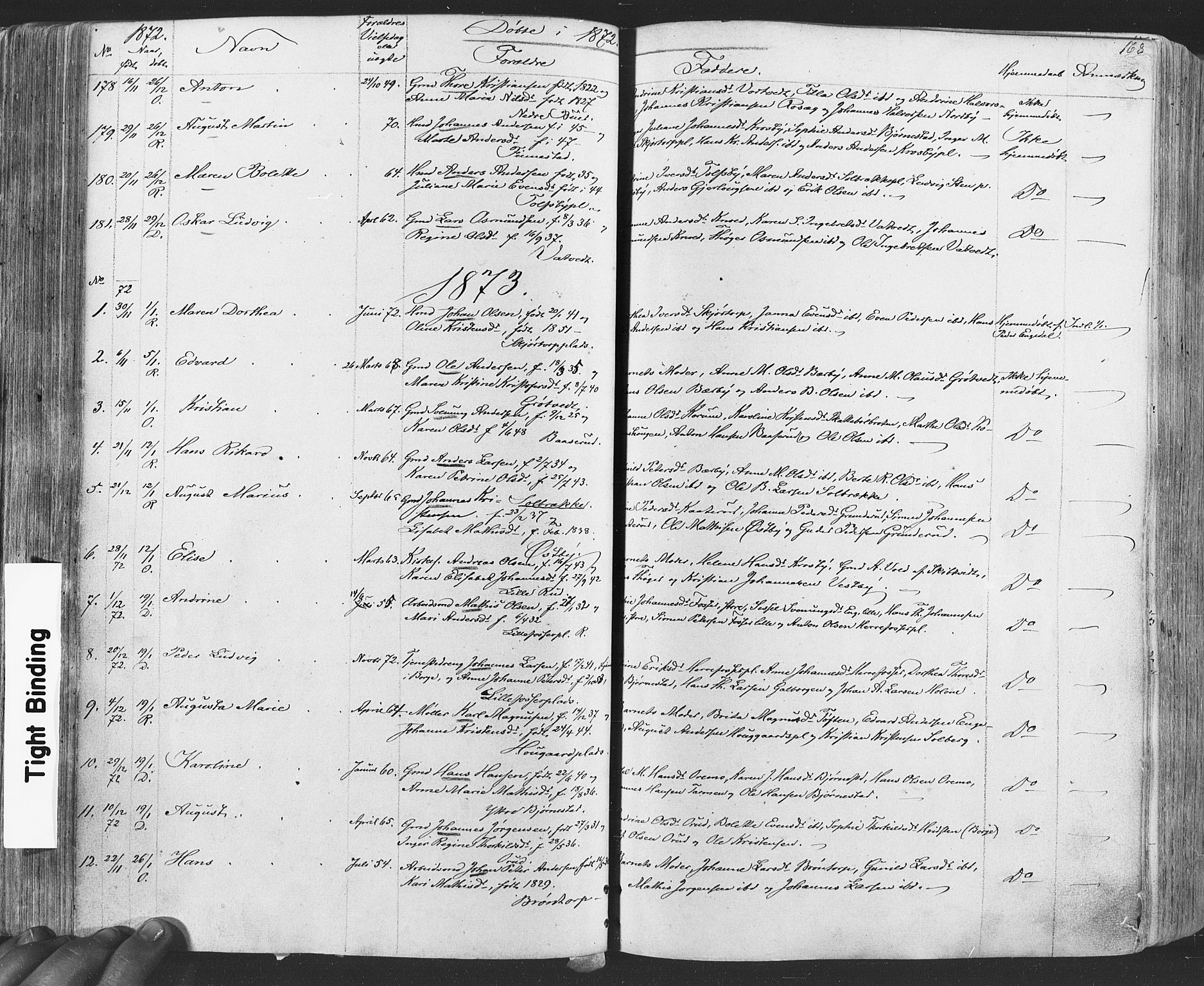 Rakkestad prestekontor Kirkebøker, AV/SAO-A-2008/F/Fa/L0011: Parish register (official) no. I 11, 1862-1877, p. 168