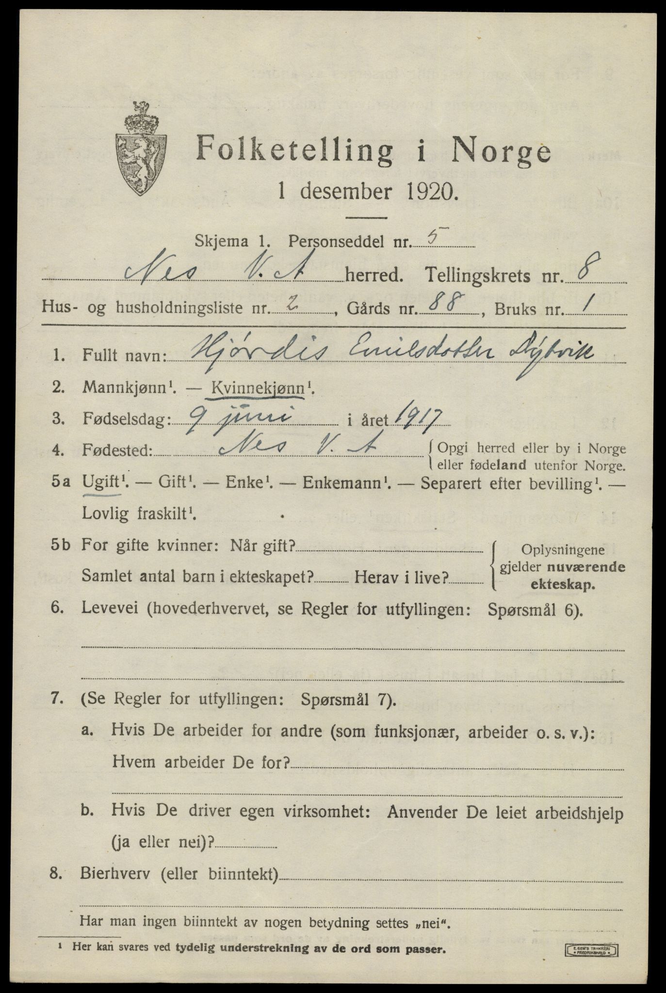 SAK, 1920 census for Nes (V-A), 1920, p. 3590