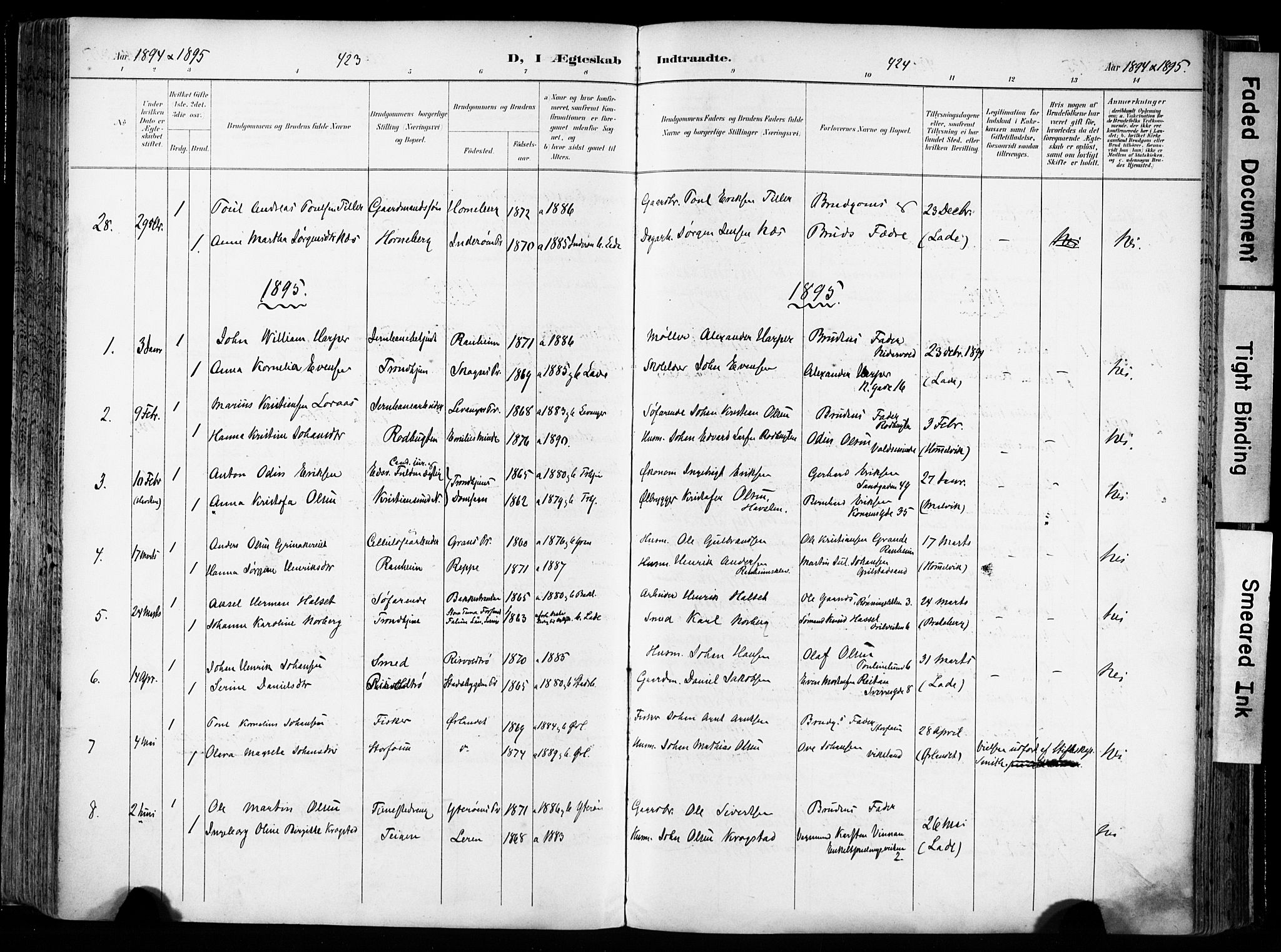 Ministerialprotokoller, klokkerbøker og fødselsregistre - Sør-Trøndelag, SAT/A-1456/606/L0301: Parish register (official) no. 606A16, 1894-1907, p. 423-424