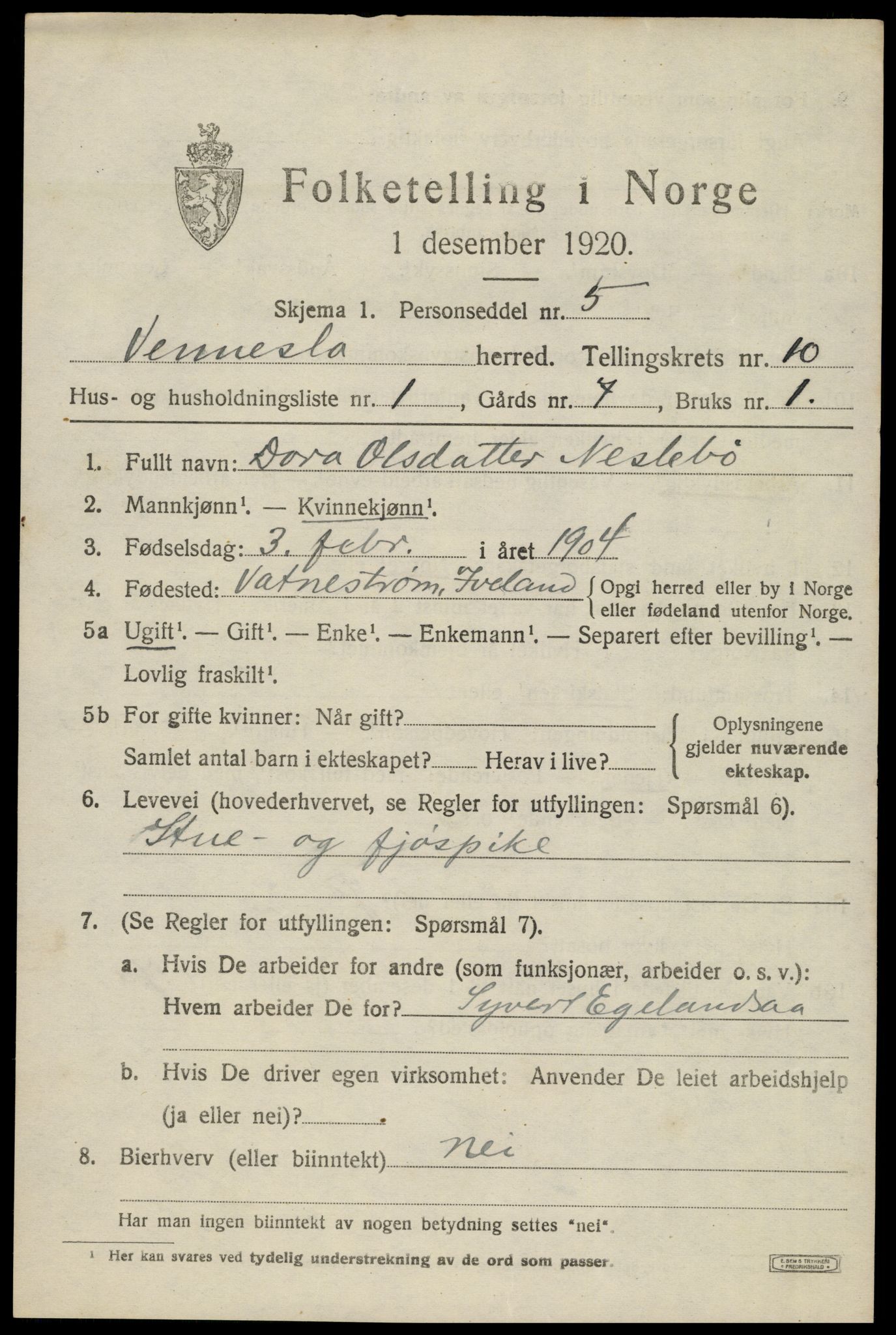 SAK, 1920 census for Vennesla, 1920, p. 6728