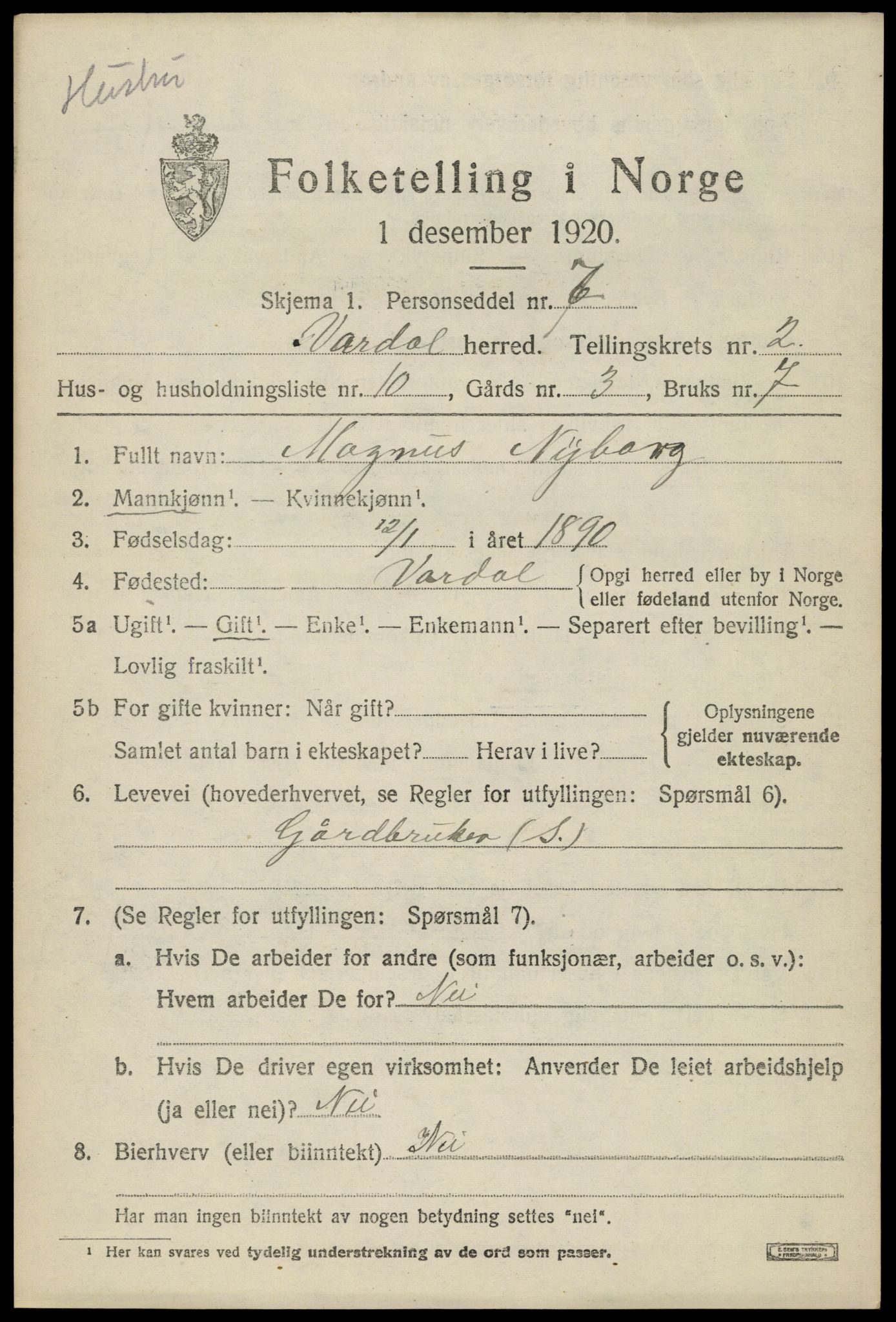 SAH, 1920 census for Vardal, 1920, p. 2585