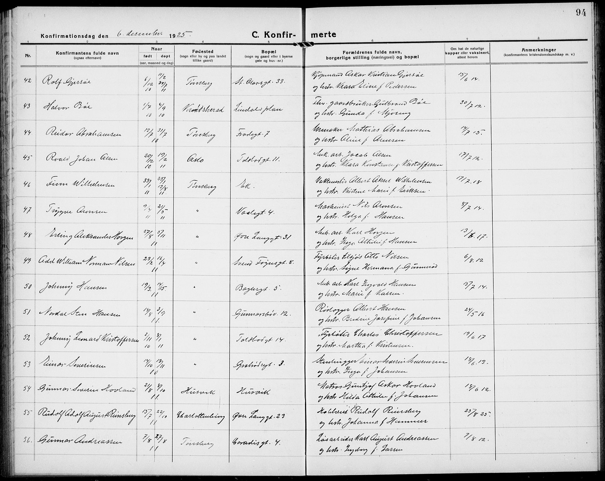 Tønsberg kirkebøker, AV/SAKO-A-330/G/Ga/L0013: Parish register (copy) no. 13, 1920-1929, p. 94