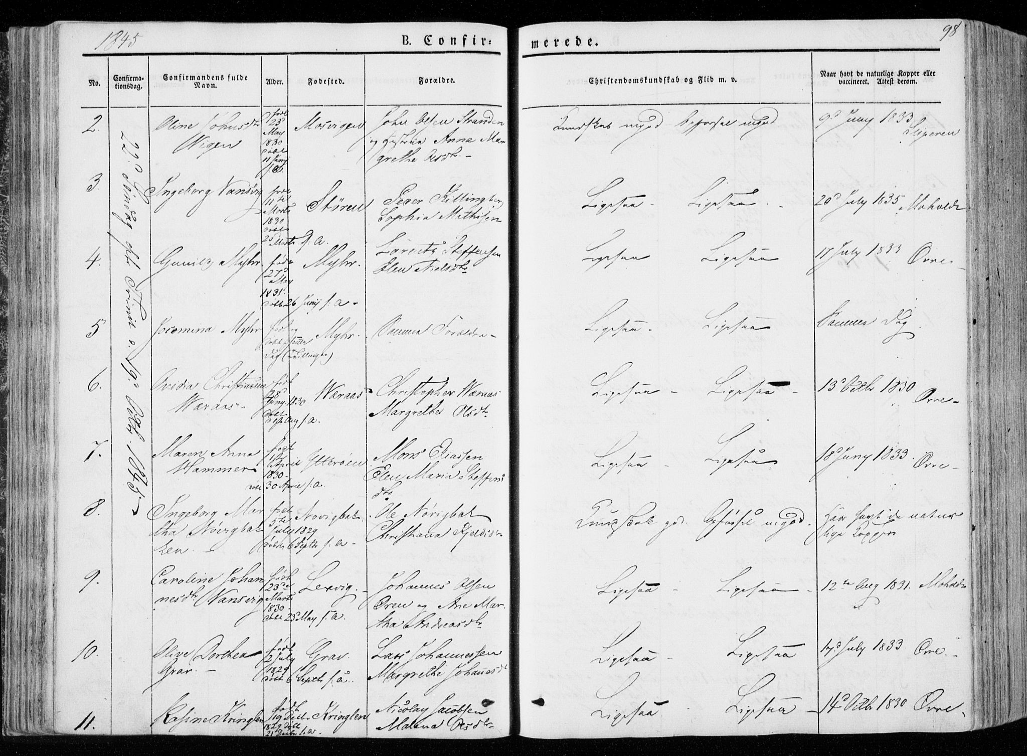 Ministerialprotokoller, klokkerbøker og fødselsregistre - Nord-Trøndelag, SAT/A-1458/722/L0218: Parish register (official) no. 722A05, 1843-1868, p. 98