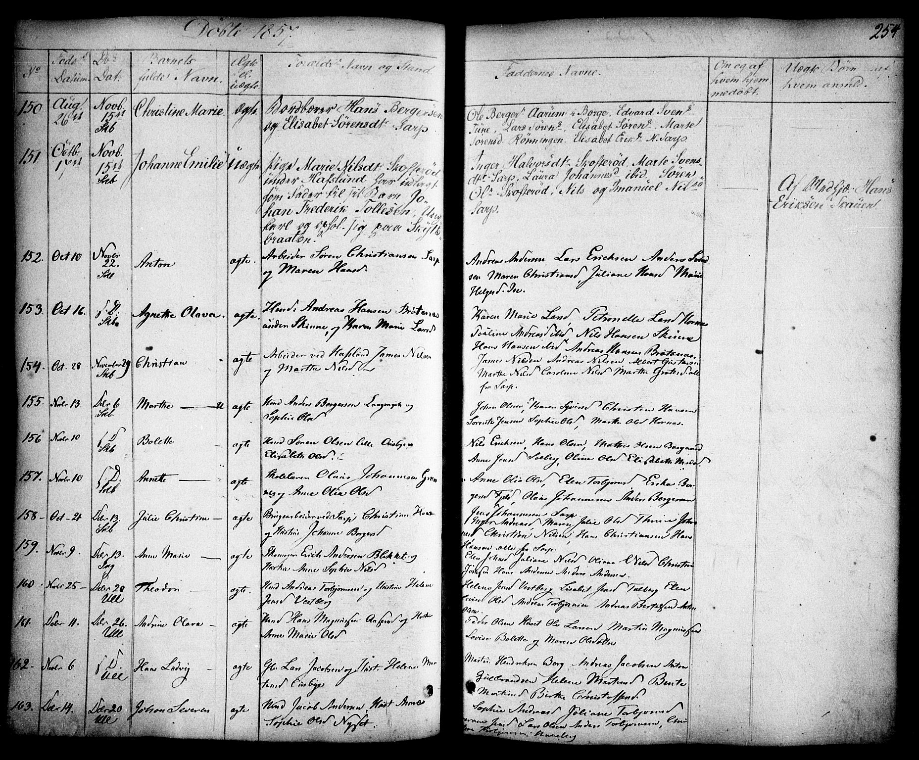 Skjeberg prestekontor Kirkebøker, AV/SAO-A-10923/F/Fa/L0006: Parish register (official) no. I 6, 1846-1858, p. 254